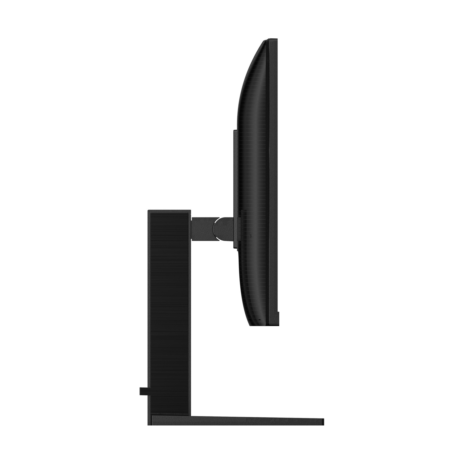 Vista laterale di un monitor del computer nero. Lo schermo è curvo. Si appoggia su un supporto. Lo sfondo è bianco.