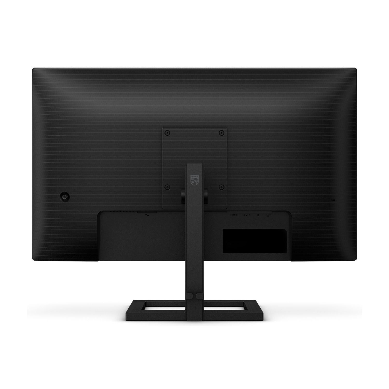 È mostrato il retro di un monitor per computer nero, con un supporto e porte visibili. Il logo Philips è sul supporto.