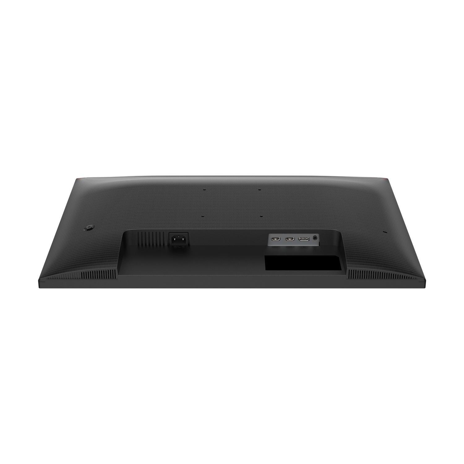 Viene mostrato il retro di un monitor per computer nero. Dispone di varie porte e un connettore di alimentazione nella parte inferiore. Lo sfondo è bianco.