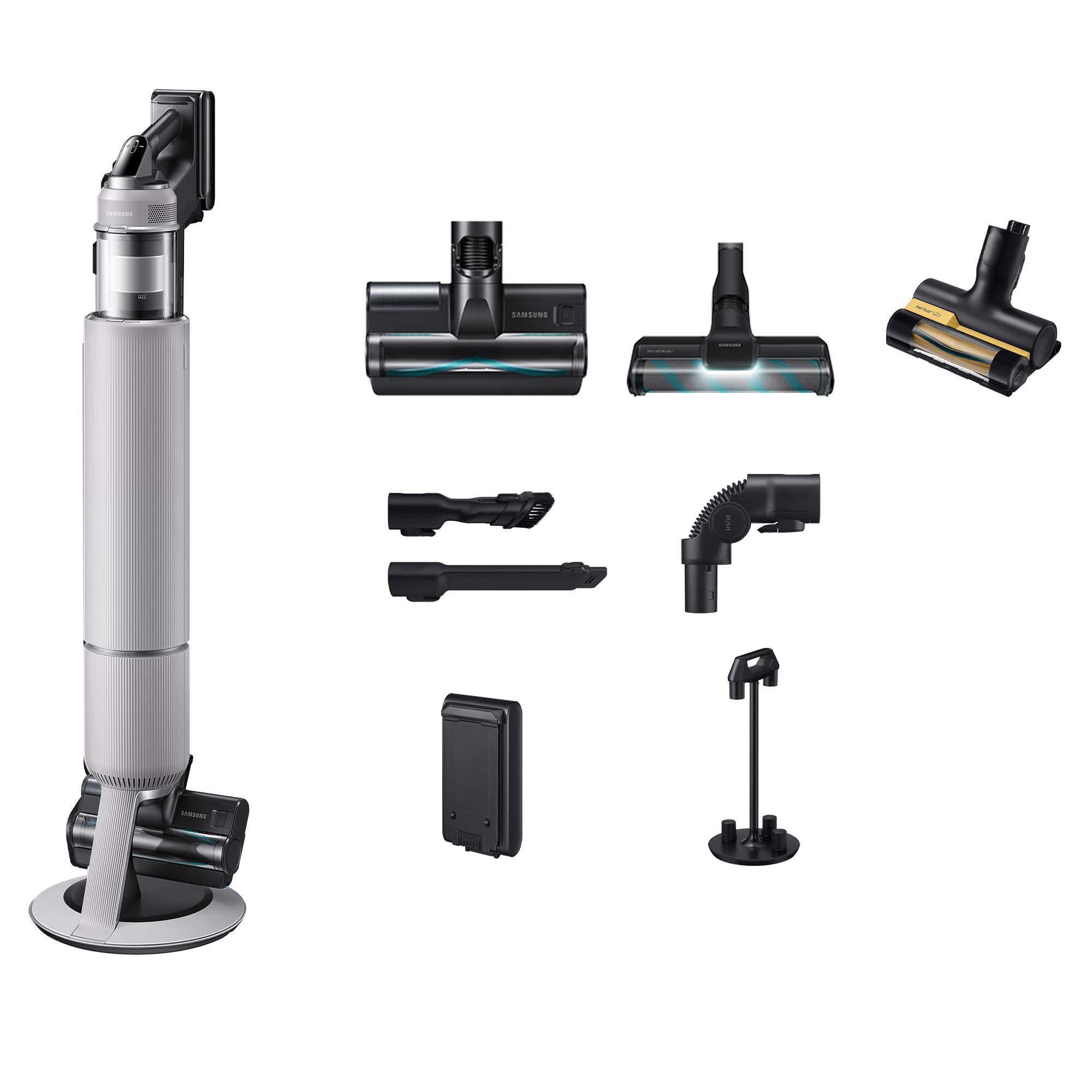 Das Bild zeigt einen Samsung-Staubsauger mit verschiedenen Aufsätzen. Hauptkörper ist weiß, Aufsätze sind schwarz.