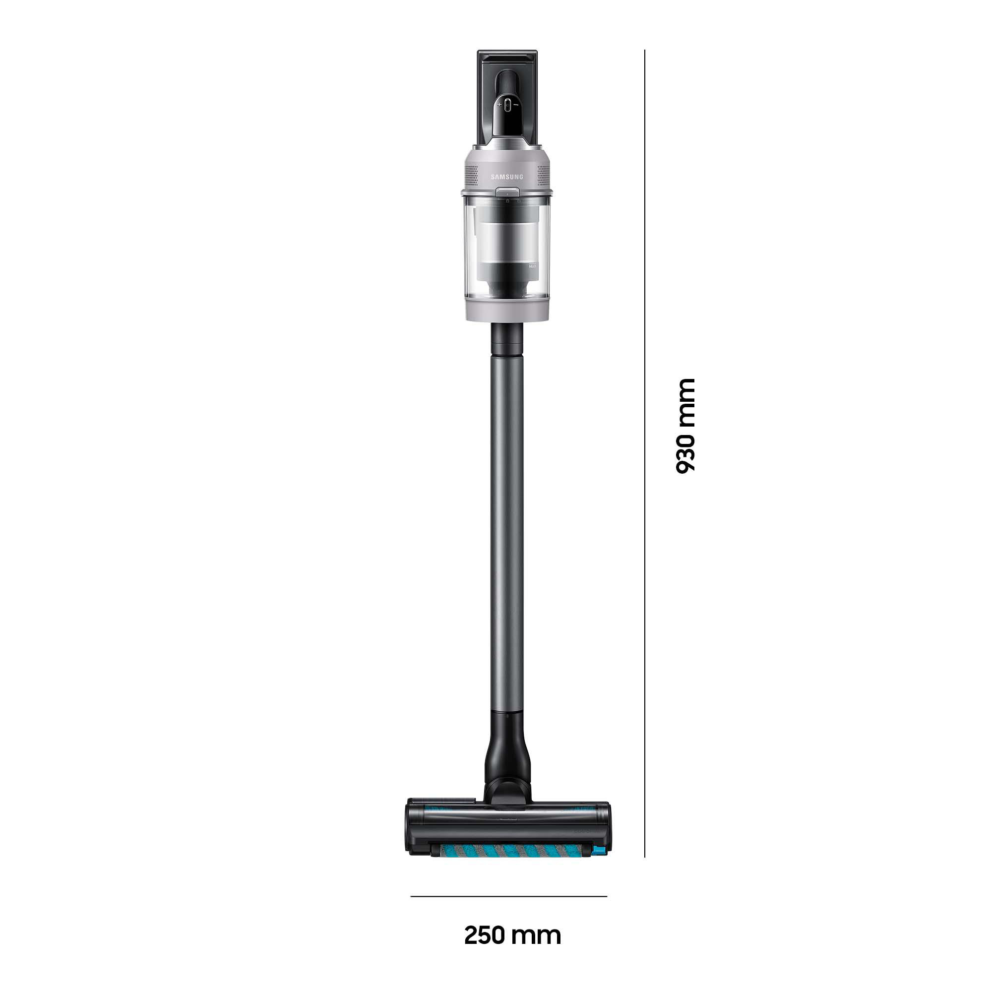 Ein kabelloser Staubsauger von Samsung. Er ist schwarz, grau und silberfarben. Die Abmessungen sind 930 mm hoch und 250 mm breit.