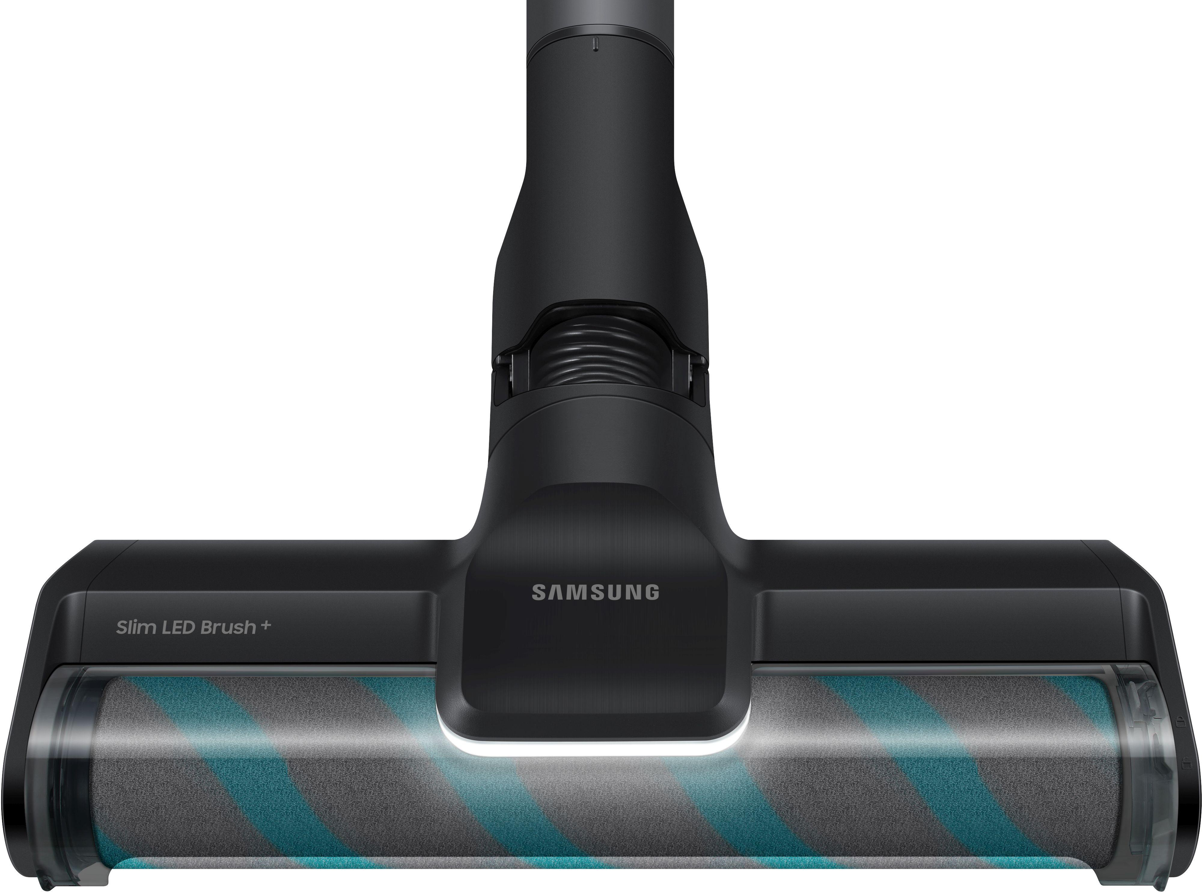 Ein schwarzer Samsung-Vakuumkopf. Er hat eine Walze mit abwechselnd grauen und türkisfarbenen Streifen und die Aufschrift Slim LED Brush+.