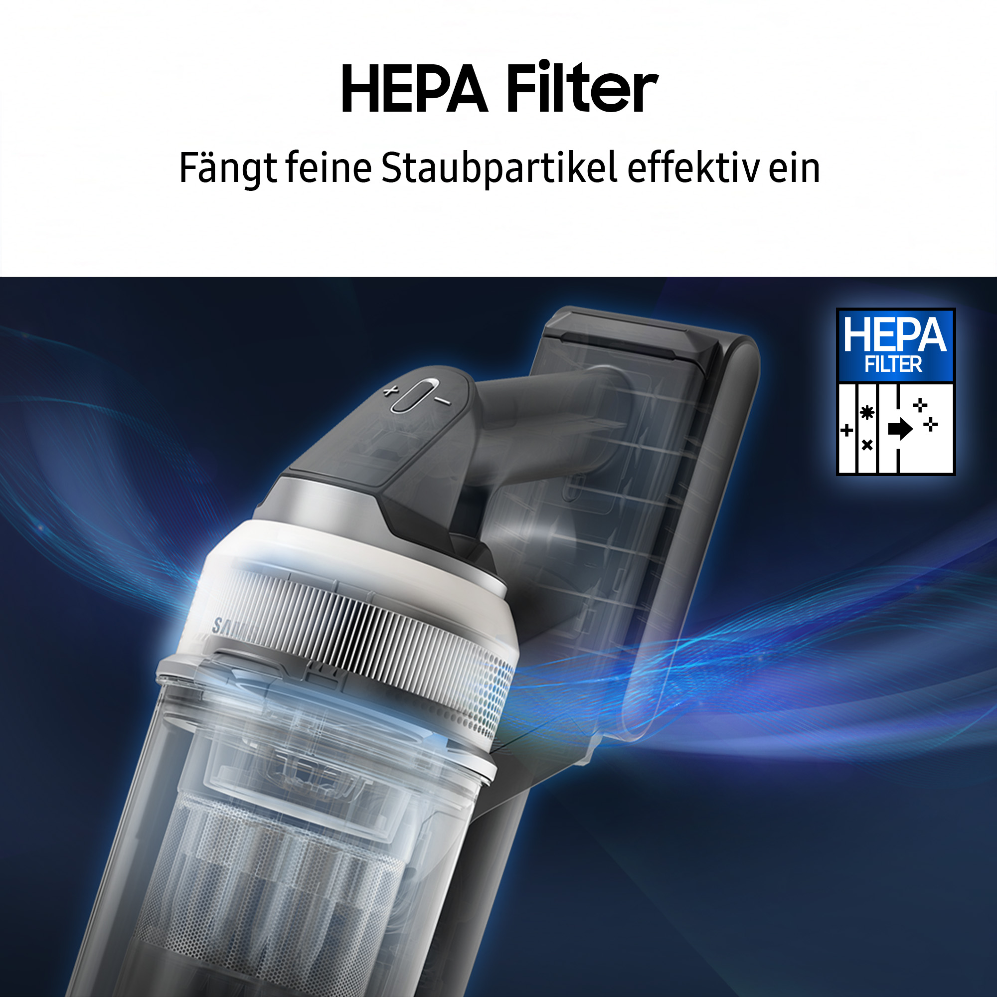 HEPA-Filter des Staubsaugers. Blau und schwarz, mit Text HEPA Filter. Fängt Feinstaub effektiv ein.