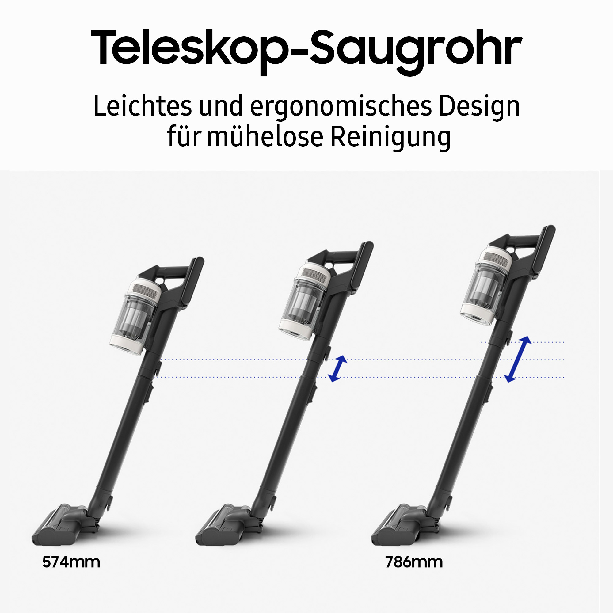 Drei schwarze Staubsauger, höhenverstellbar. Text auf Deutsch: Teleskop-Saugrohr, Leichtes Design für Reinigung.