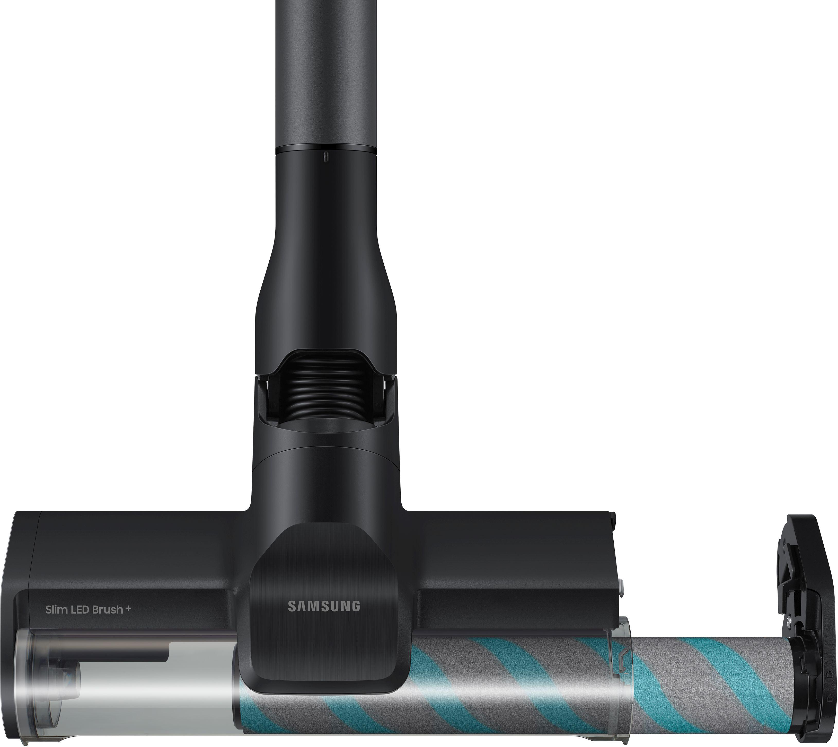 Schwarzer Staubsaugerkopf mit Walzenbürste. Die Bürste hat grau-türkisfarbene Streifen. Die Marke ist Samsung.