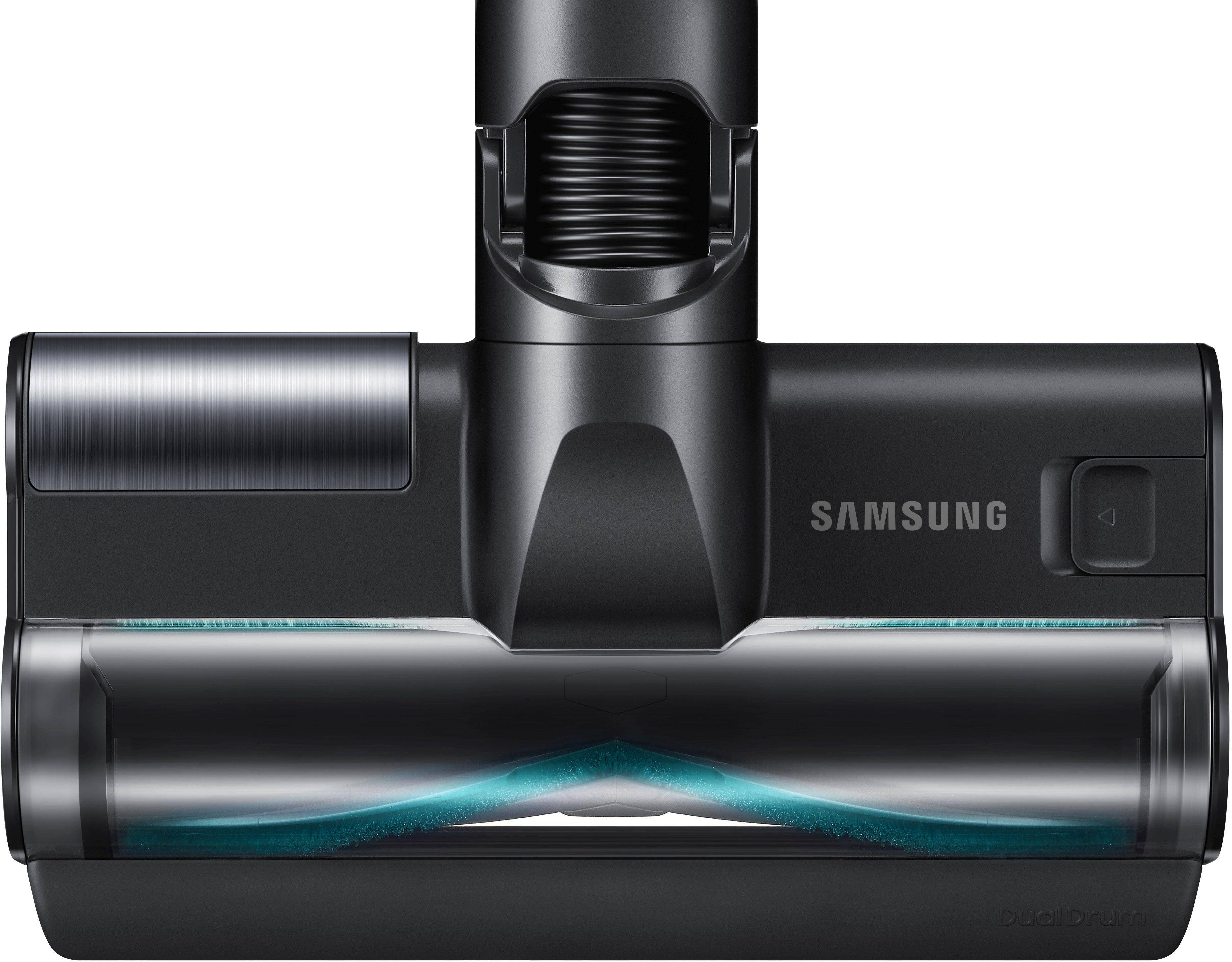 Schwarzer Samsung-Staubsaugerkopf. Er hat eine Dual-Drum-Funktion. Der Staubbehälter hat blaue Partikel.
