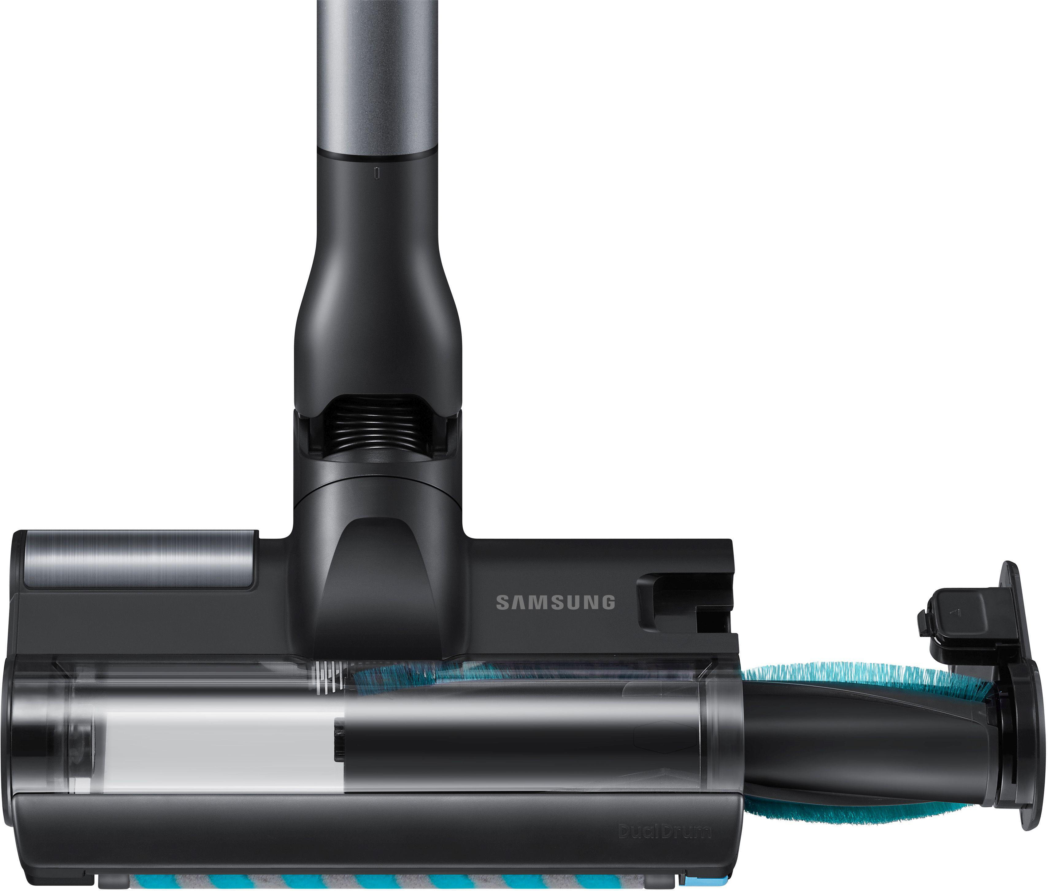 Schwarzer Samsung-Staubsaugerkopf mit rotierender Bürste, blauen Borsten und transparentem Fach.