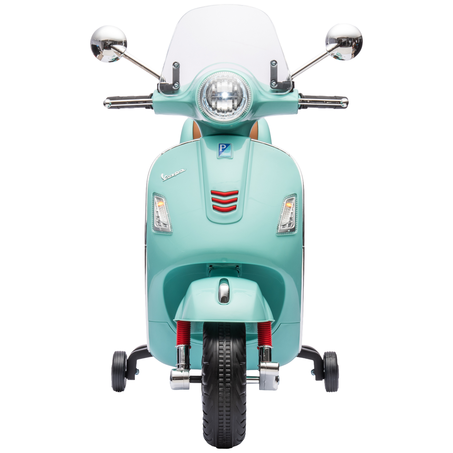 Un scooter Vespa turquoise avec un pare-brise, des rétroviseurs et des roulettes, sur fond blanc.