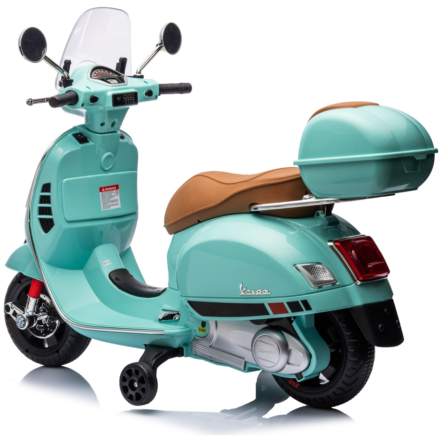 Un scooter Vespa turquoise avec siège et coffre marron. Comprend des rétroviseurs, un pare-brise et des roulettes.