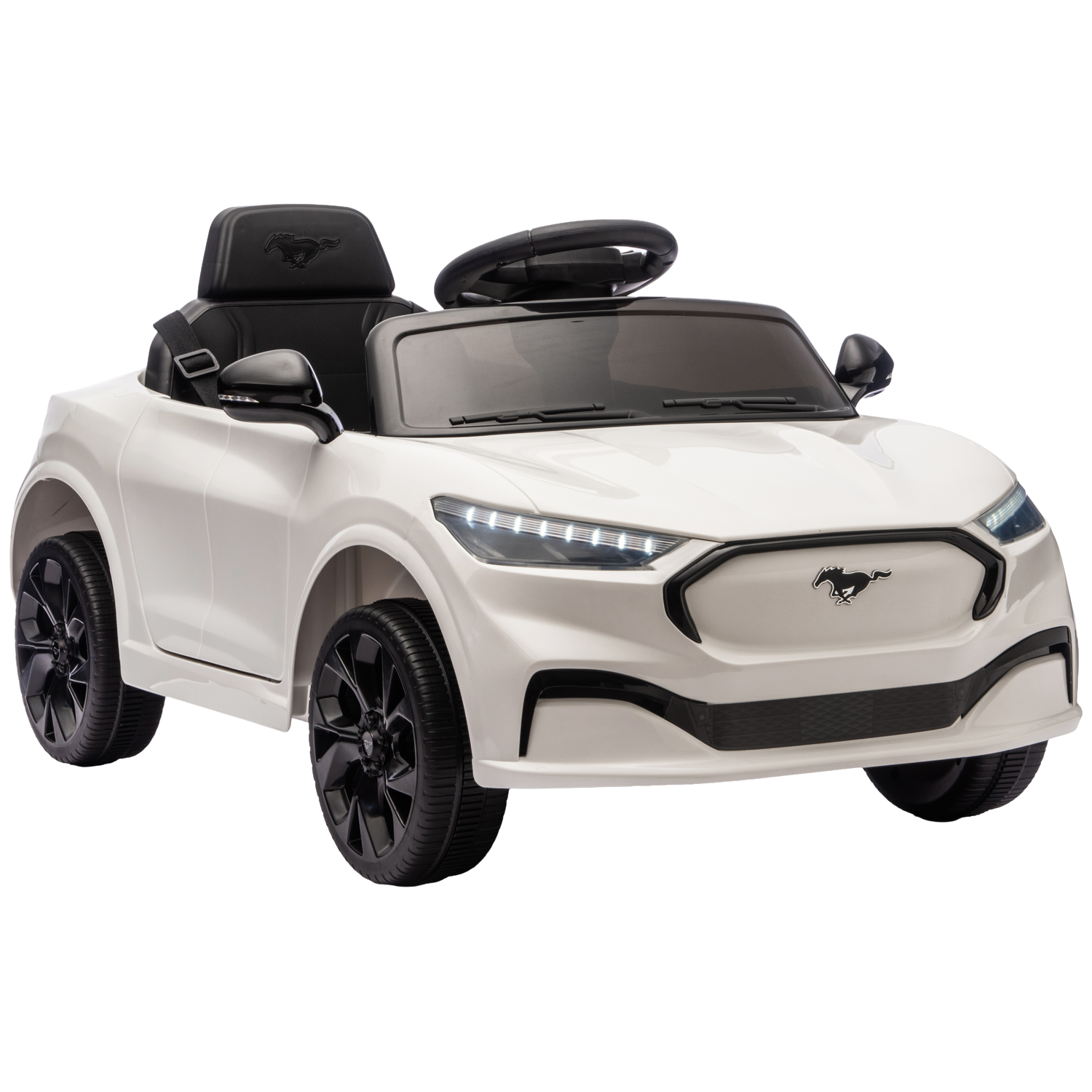 Une voiture jouet blanche avec des roues et un intérieur noirs. Elle arbore le logo Mustang à l'avant et sur l'appuie-tête, sur fond blanc.