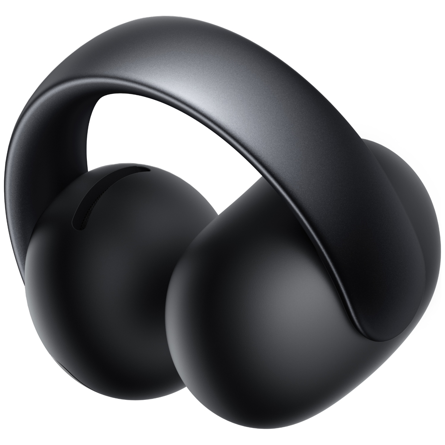 Casque noir sur fond blanc. Le casque a des oreillettes arrondies et un arceau incurvé. Le design semble moderne.