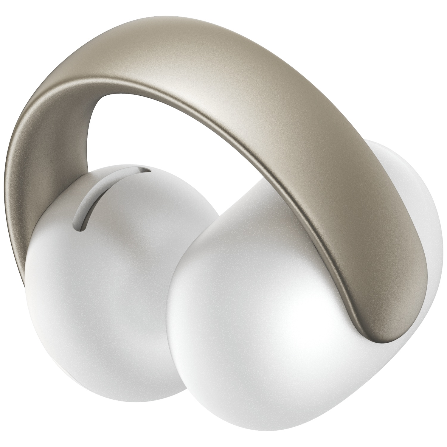 Casque audio avec écouteurs blancs et bandeau taupe. Les écouteurs sont ronds et le bandeau s'arque au-dessus.
