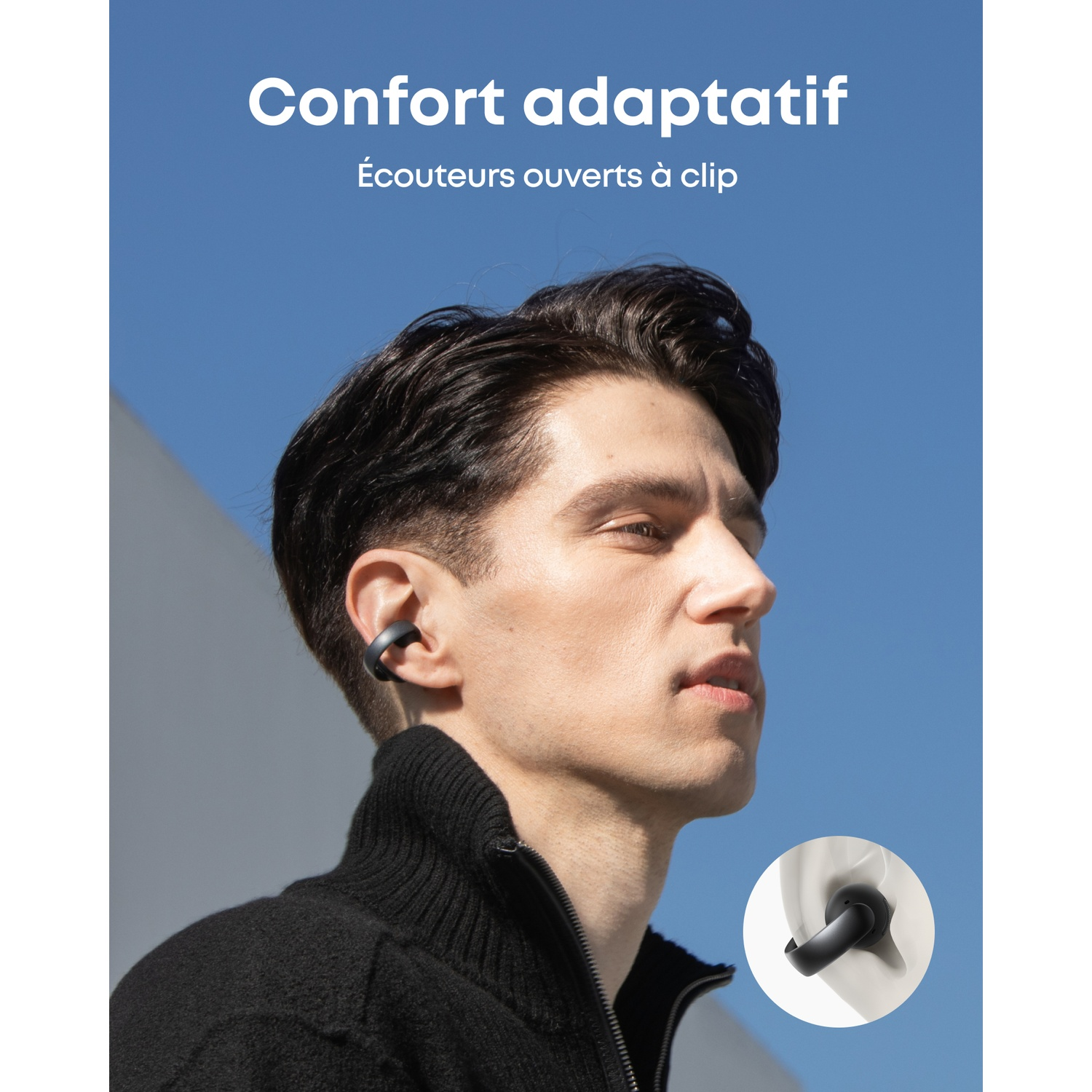 Un homme portant un casque noir, avec un fond de ciel bleu et du texte blanc. Il y a une petite image du casque.