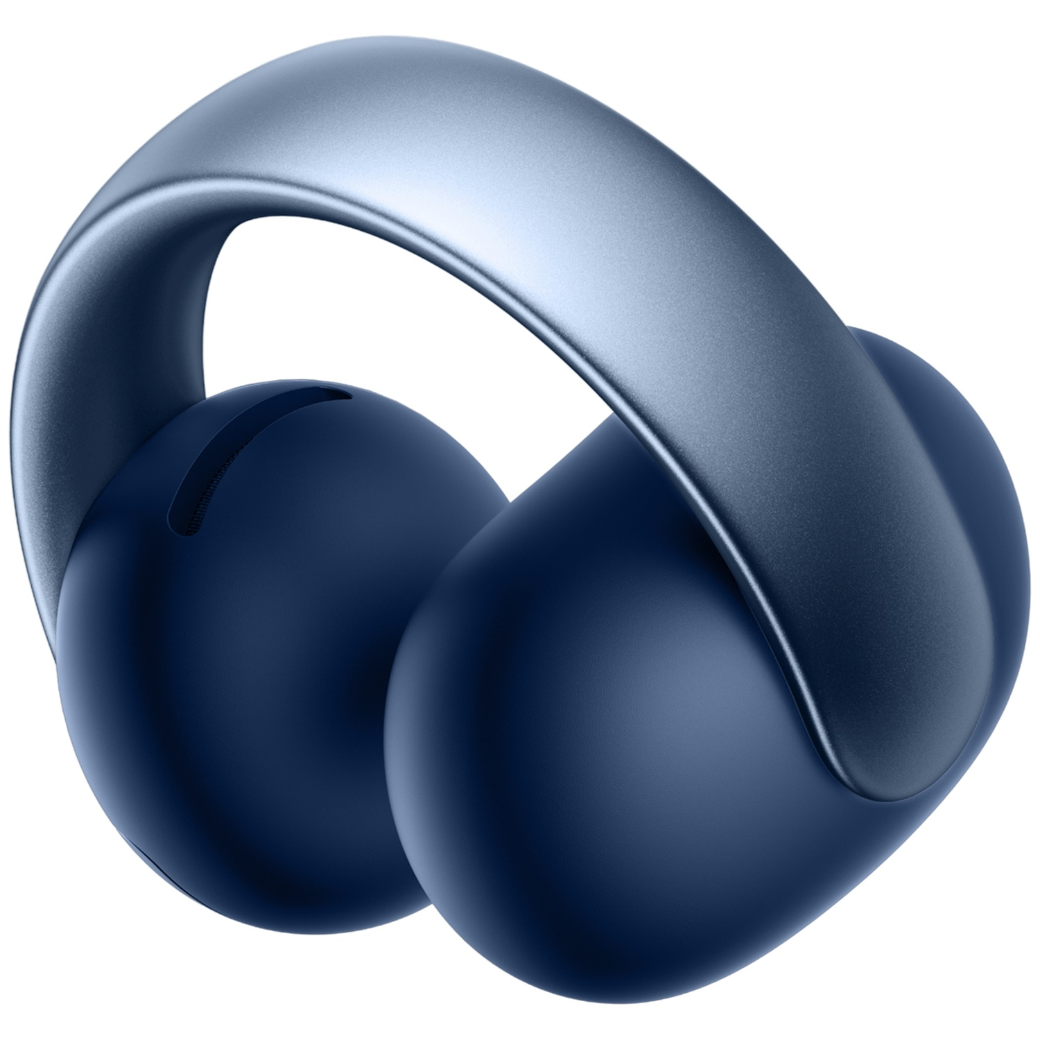 Gros plan sur un casque bleu avec un bandeau métallique. Les oreillettes sont arrondies et le fond est blanc.