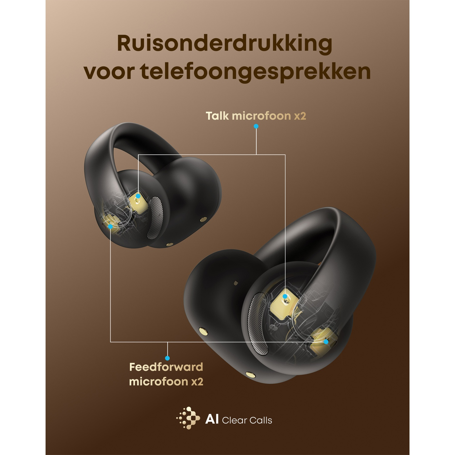 Afbeelding toont zwarte oortelefoons met labels 'Talk microfoon x2' en 'Feedforward microfoon x2'. Tekst bovenaan luidt 'Ruisonderdrukking'.