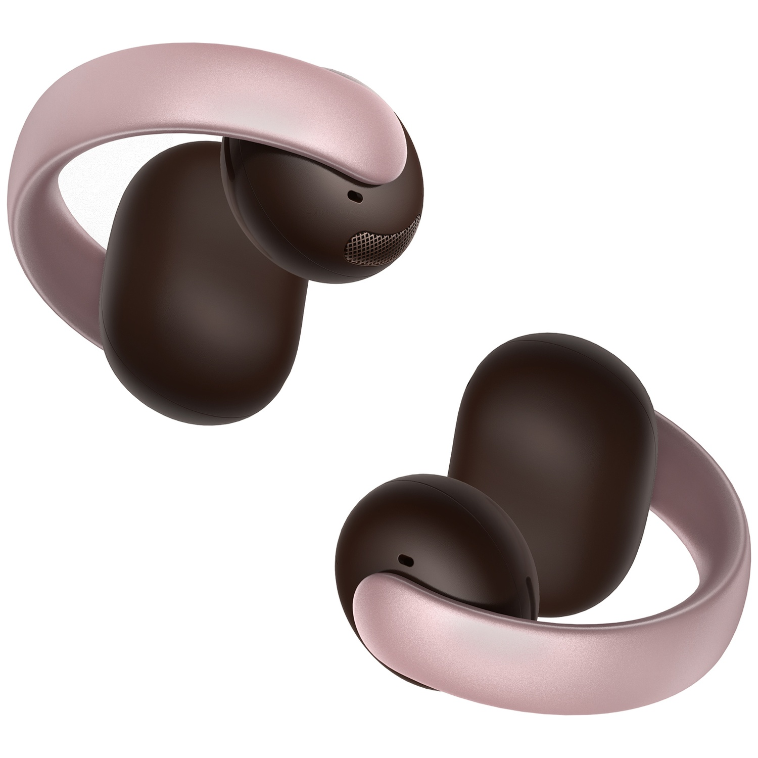Deux écouteurs sans fil. Chacun a un écouteur marron foncé et un bandeau rose clair. Le fond est blanc.