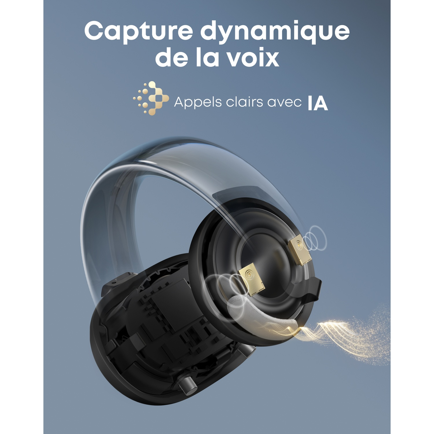 Casque avec anneau transparent. Texte: Capture dynamique de la voix. Appels clairs avec IA. Haut-parleur noir avec détails dorés et particules.