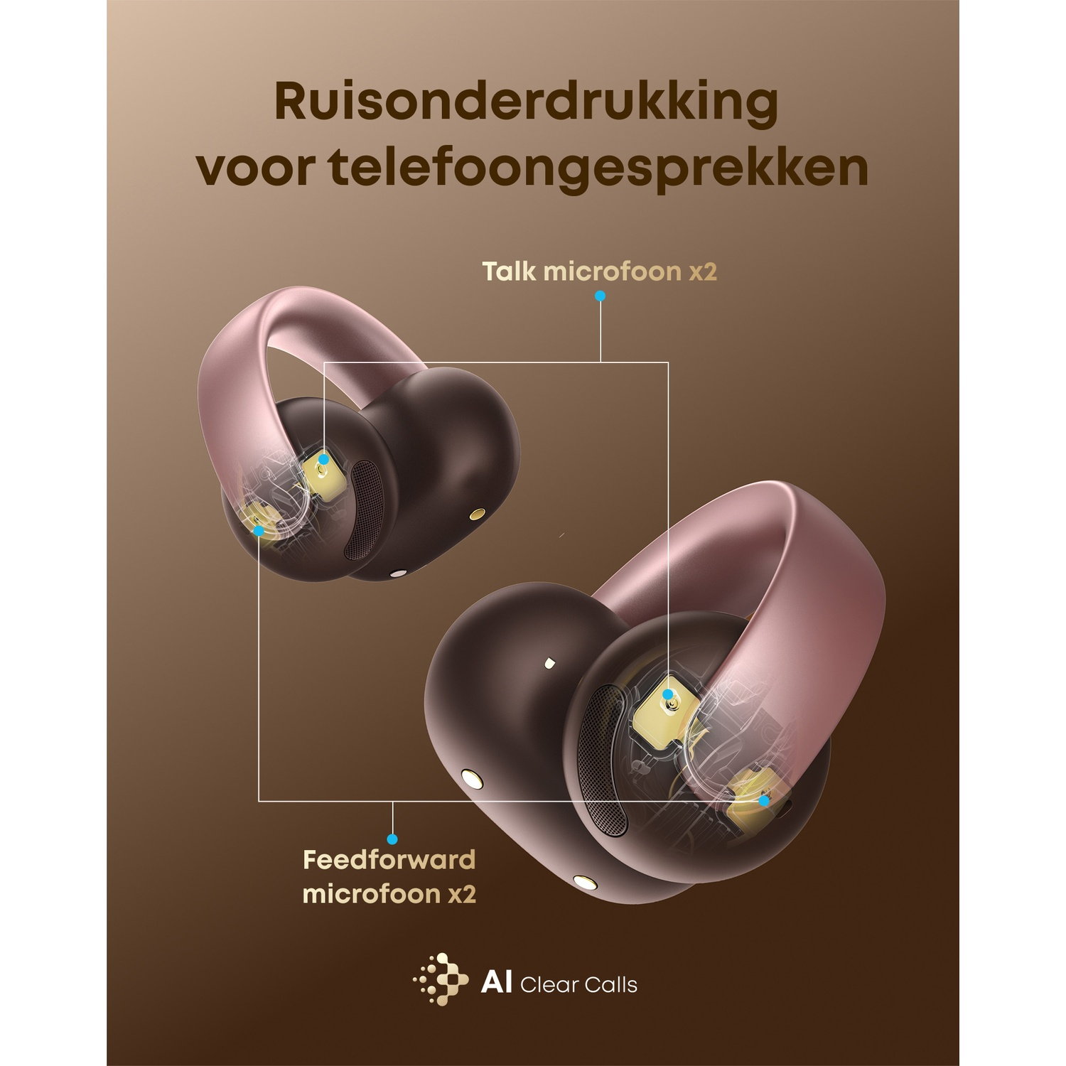 Afbeelding toont twee draadloze oordopjes met roze accenten. Tekst geeft ruisonderdrukking voor telefoongesprekken aan, met microfoondetails.