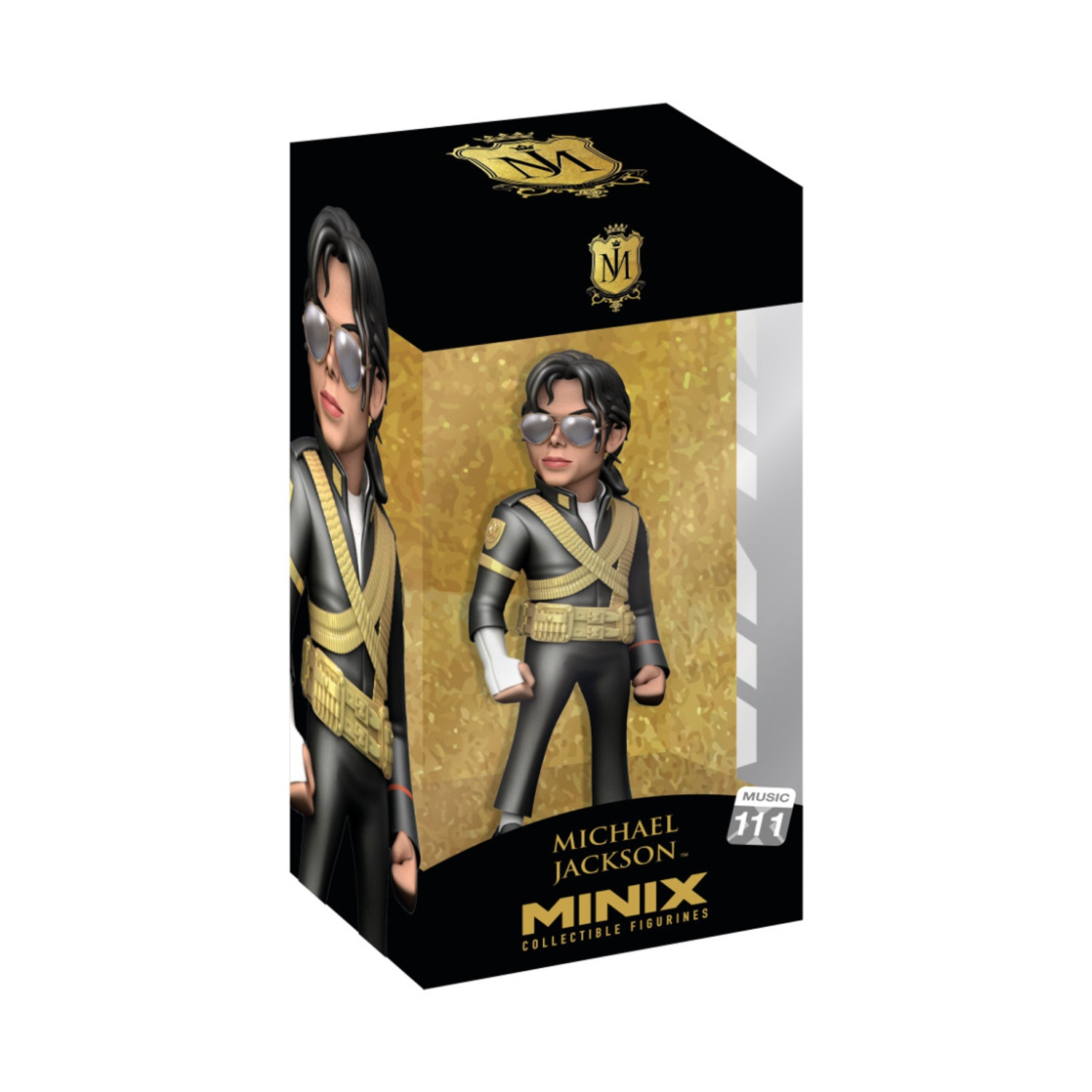 Una statuetta da collezione Michael Jackson Minix in una scatola. Mostra una figura in abito nero, occhiali da sole e giacca con finiture dorate.