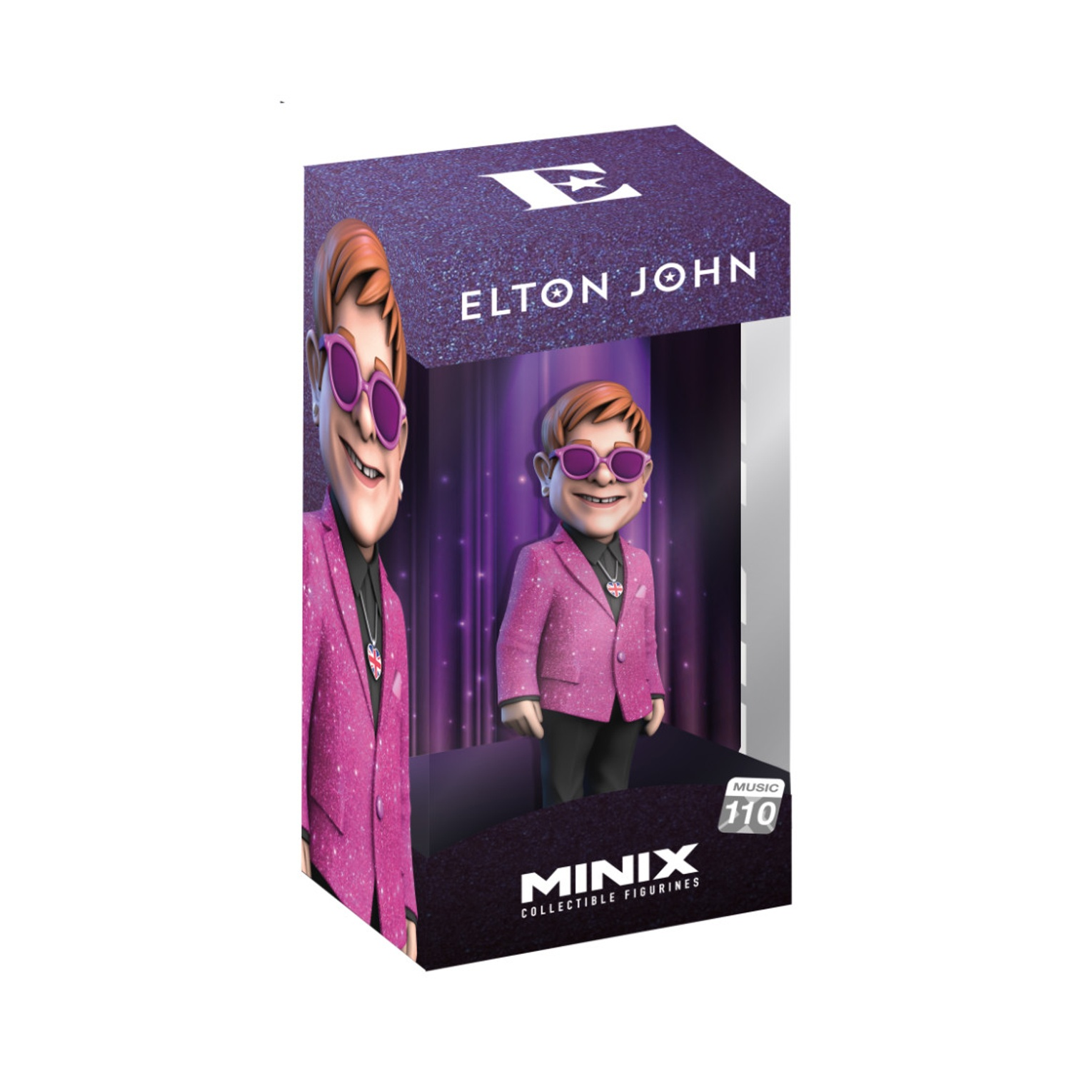 Statuetta di Elton John in scatola. La statuetta indossa un abito rosa e occhiali da sole. La scatola riporta 'Elton John' e 'MINIX' in basso.