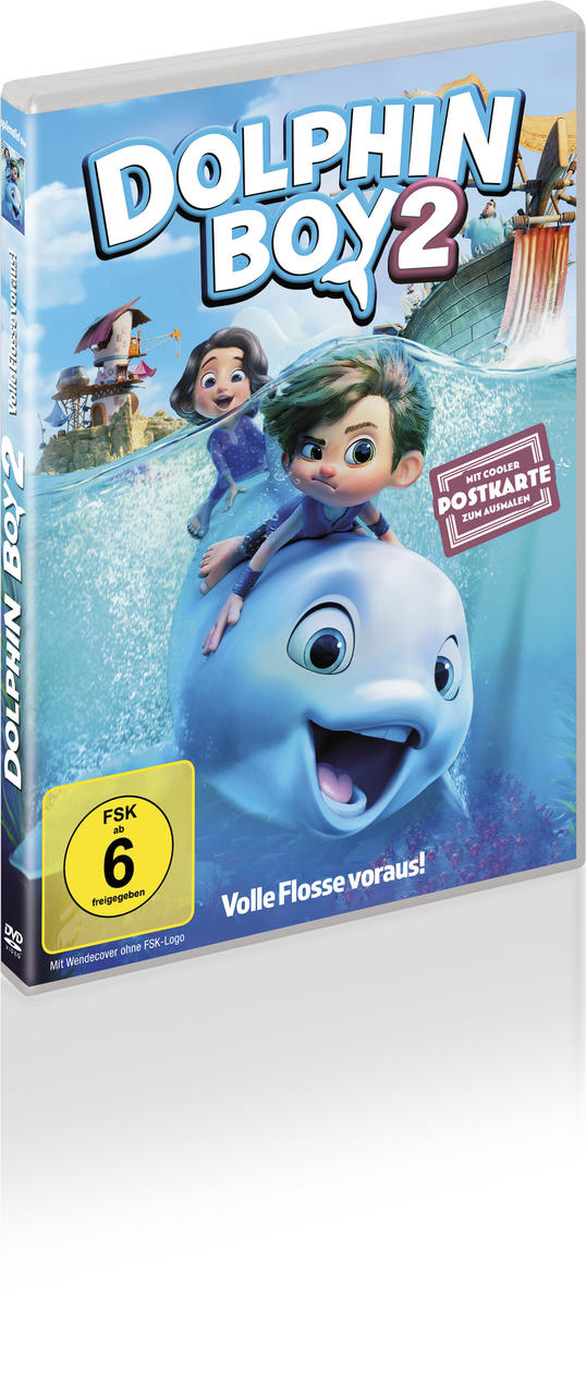 DVD-Cover für Dolphin Boy 2. Ein Junge reitet auf einem Delfin mit einem Mädchen hinter sich. Der Hintergrund zeigt Meer und Himmel.