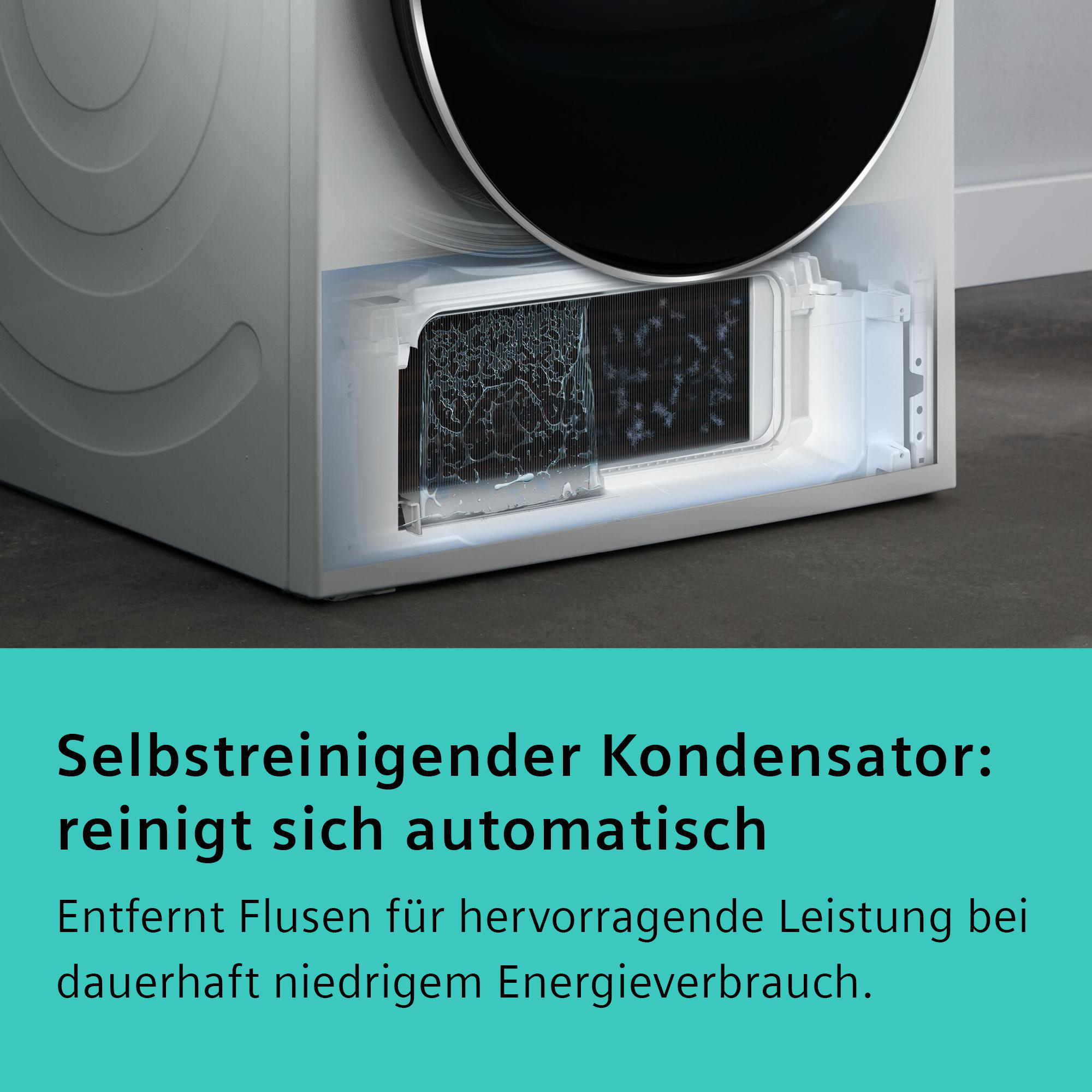 Nahaufnahme einer Waschmaschine mit selbstreinigendem Kondensator. Sie hat eine schwarze Tür und einen transparenten Filter.