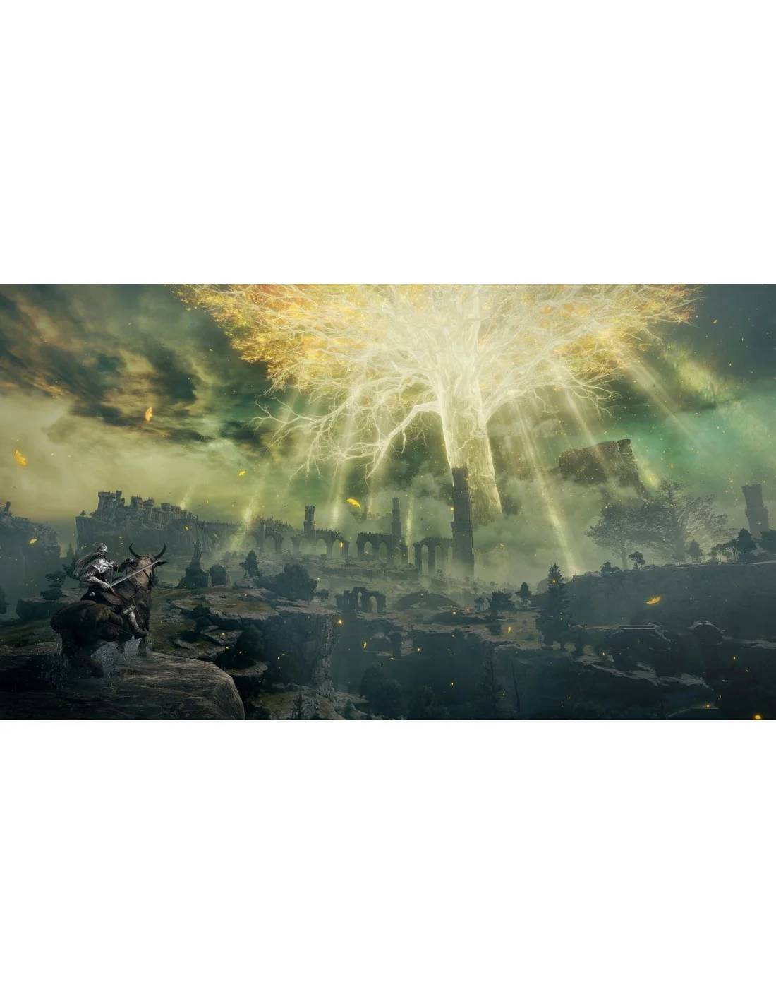 Un caballero a caballo mira hacia un árbol masivo que emite luz. Ruinas y un paisaje oscuro forman el fondo.