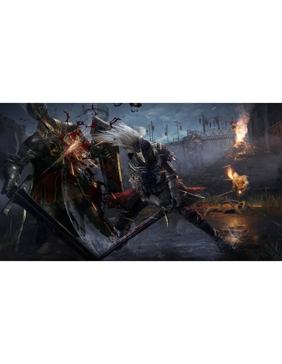 Dos figuras blindadas se enfrentan en batalla. Una golpea a la otra, la sangre salpica. Un castillo arde al fondo.