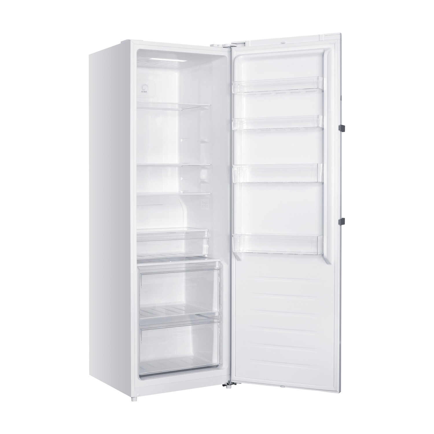 Un frigorifero bianco con la porta aperta. All'interno ci sono ripiani e cassetti. Lo sfondo è bianco.