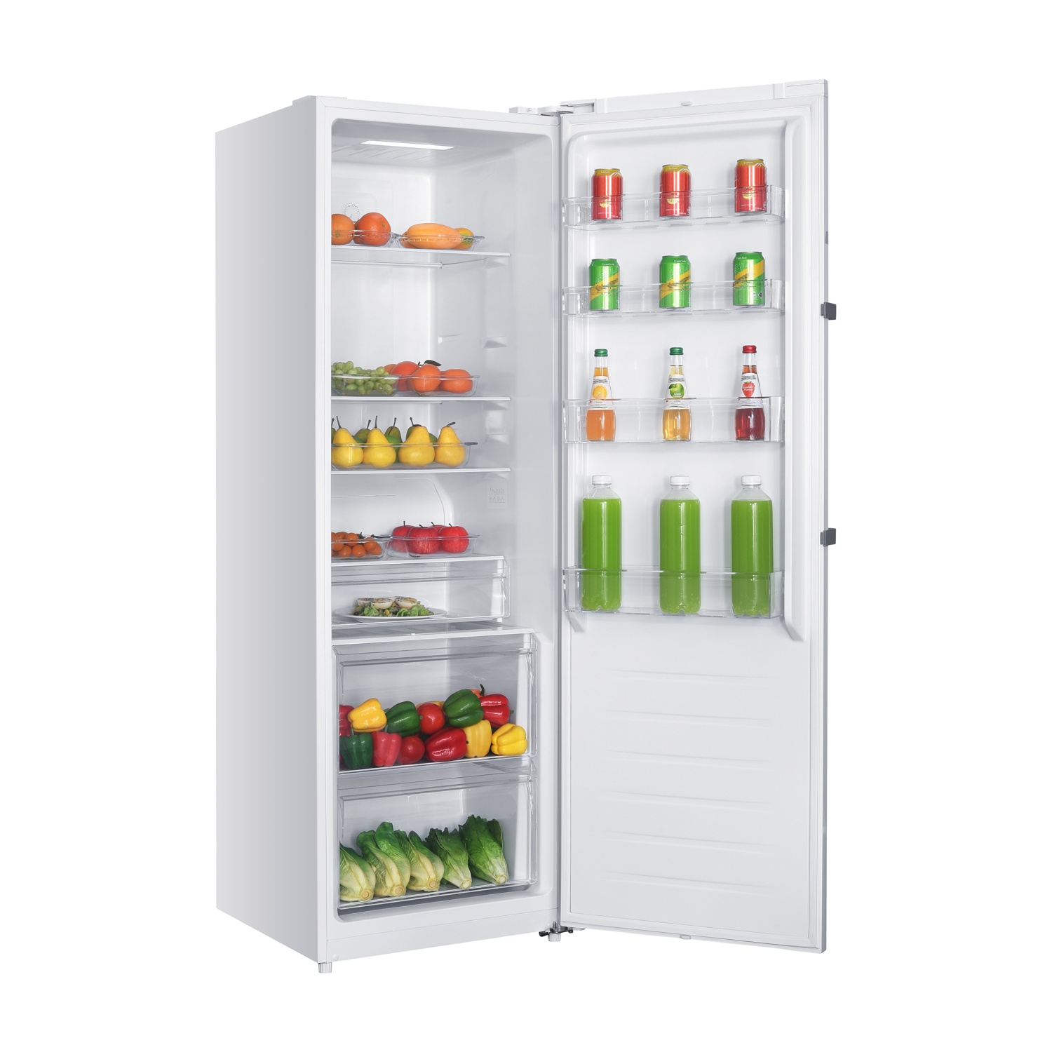 Frigorifero aperto pieno di frutta, verdura, bevande e lattine. Gli articoli sono su scaffali e cassetti. Frigorifero bianco con porta aperta.