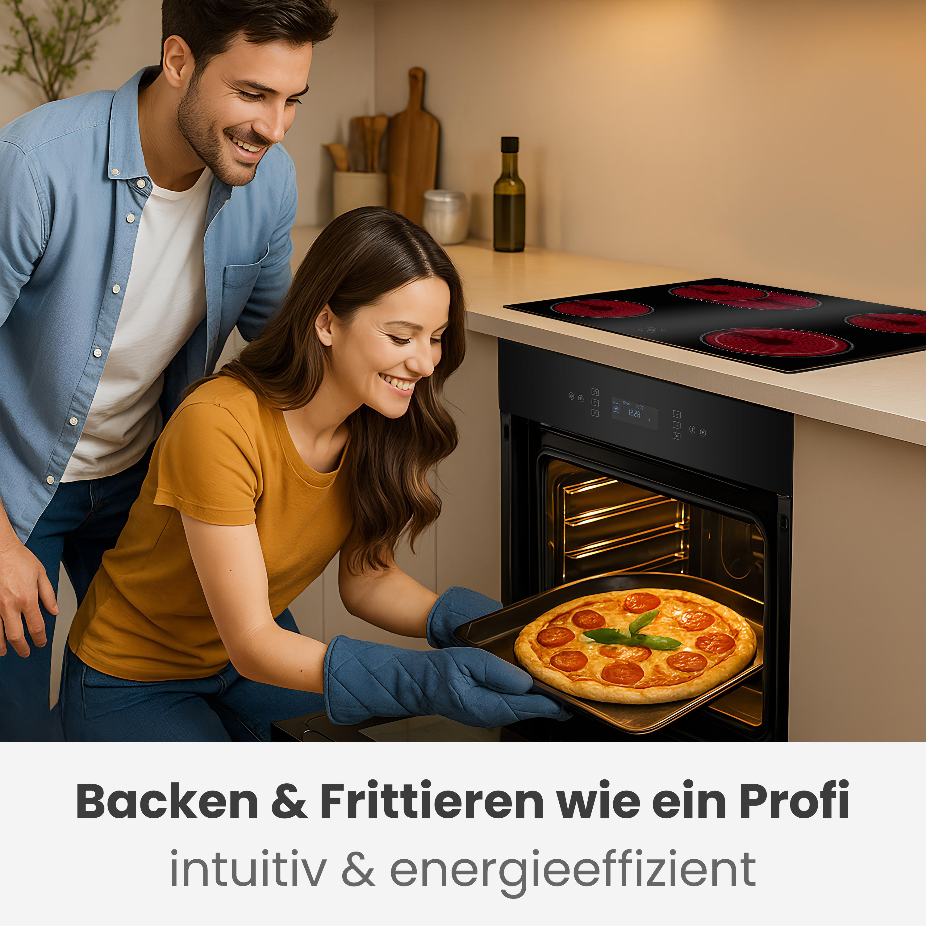 Ein lächelndes Paar nimmt eine Pizza aus dem Ofen. Ein schwarzer Herd und Text sind im Hintergrund.
