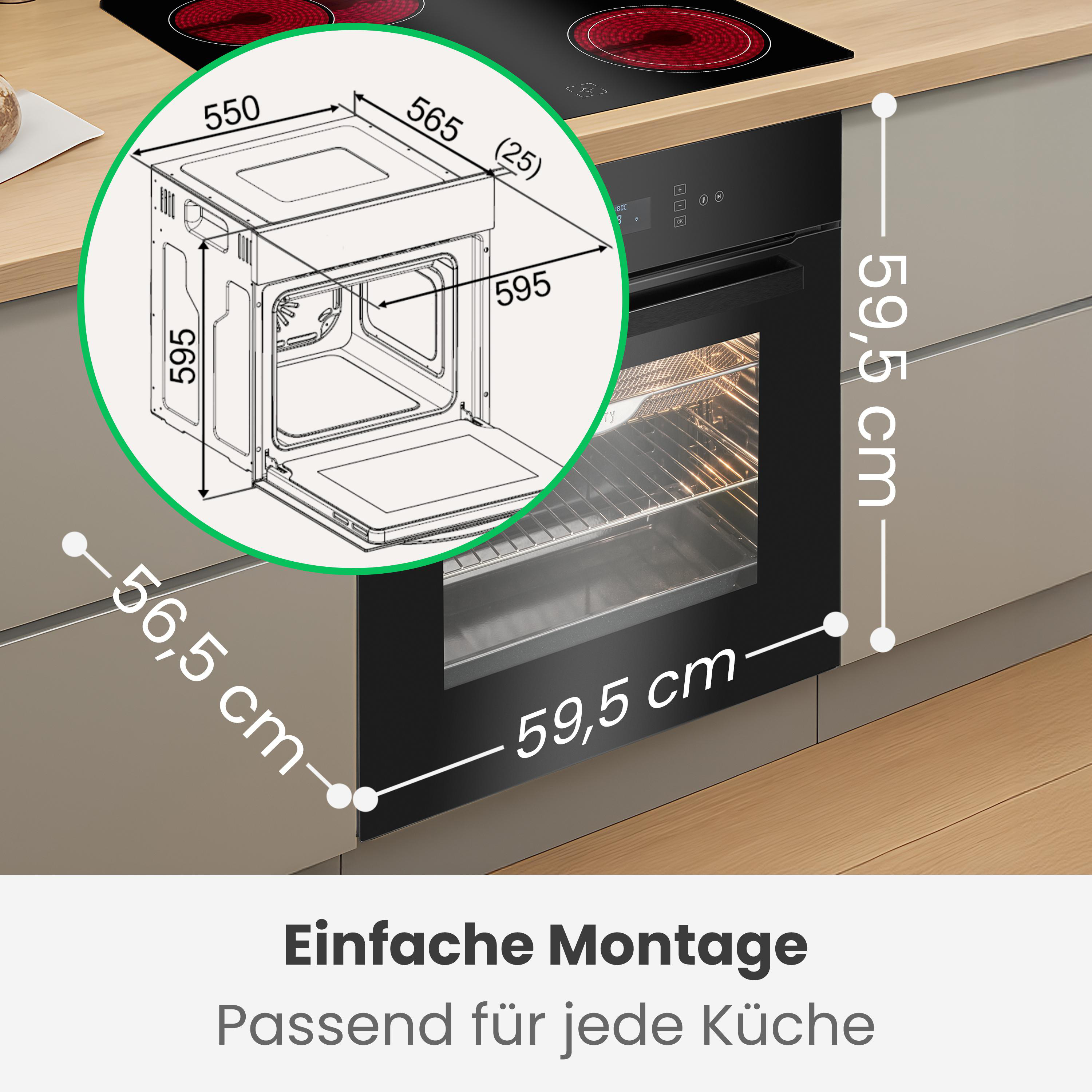 Ein Backofen mit Maßen. Oben ist ein Kochfeld. Text: Einfache Montage, passend für jede Küche.