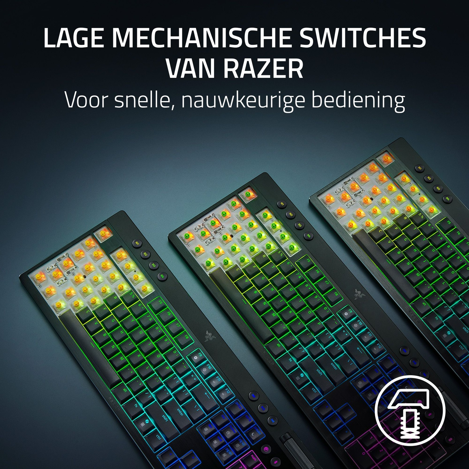 Drie verlichte Razer-toetsenborden met blootliggende mechanische schakelaars, met gekleurde toetsverlichting tegen een donkere achtergrond.