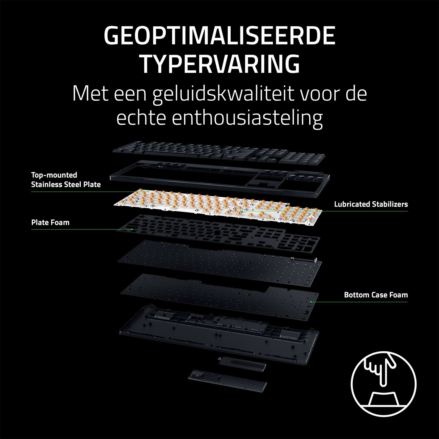 Een ontplofte weergave van een toetsenbord met lagen: bovenplaat, stabilisatoren, schuim en onderbehuizing. Tekst benadrukt kenmerken.