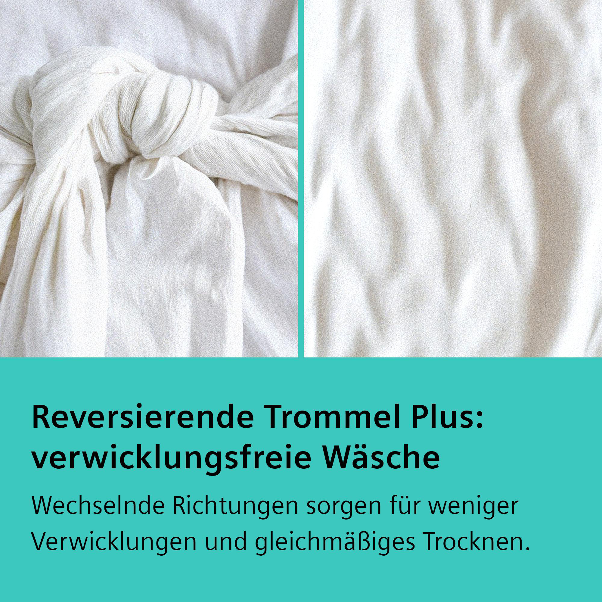 Nahaufnahme von weißem Stoff, links verknotet. Rechts zeigt schlichten weißen Stoff. Text unten auf Deutsch.