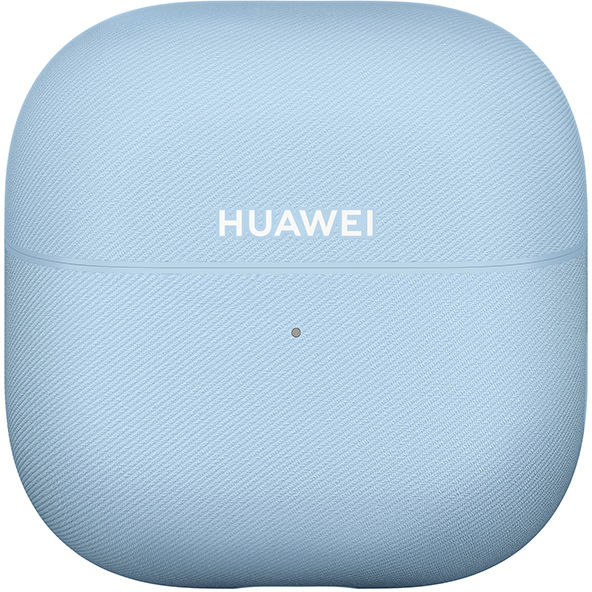 Világoskék, texturált tok fehér "HUAWEI" logóval. Egy kis szürke pont található a logó alatt.
