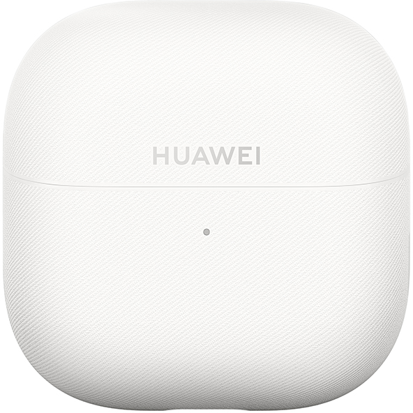 Egy fehér Huawei fülhallgató tok. A tok ovális alakú, tetején a Huawei logóval. A logó alatt egy kis fény látható.