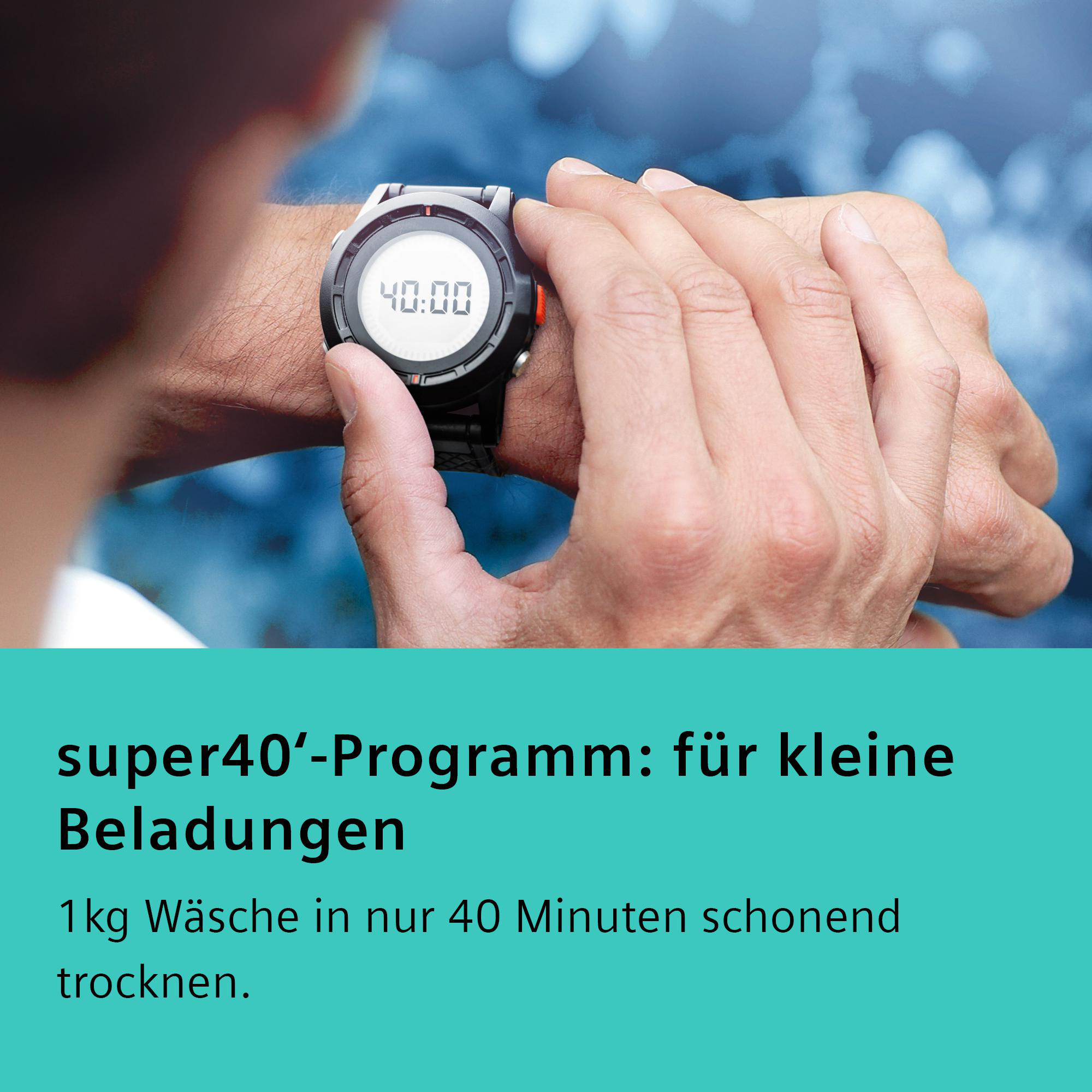 Eine Person, die eine Uhr mit der Anzeige 40:00 trägt. Der Text darunter lautet 'super40'-Programm: für kleine Beladungen'.