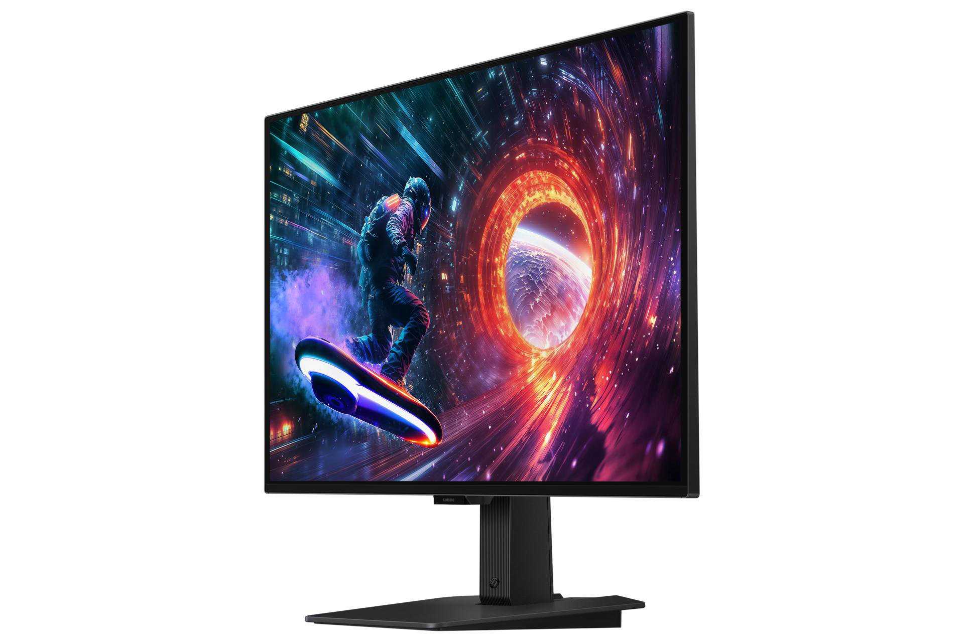 Monitor, der eine Weltraumszene mit einer Figur auf einem Board zeigt. Der Hintergrund zeigt ein Wurmloch und einen Planeten.