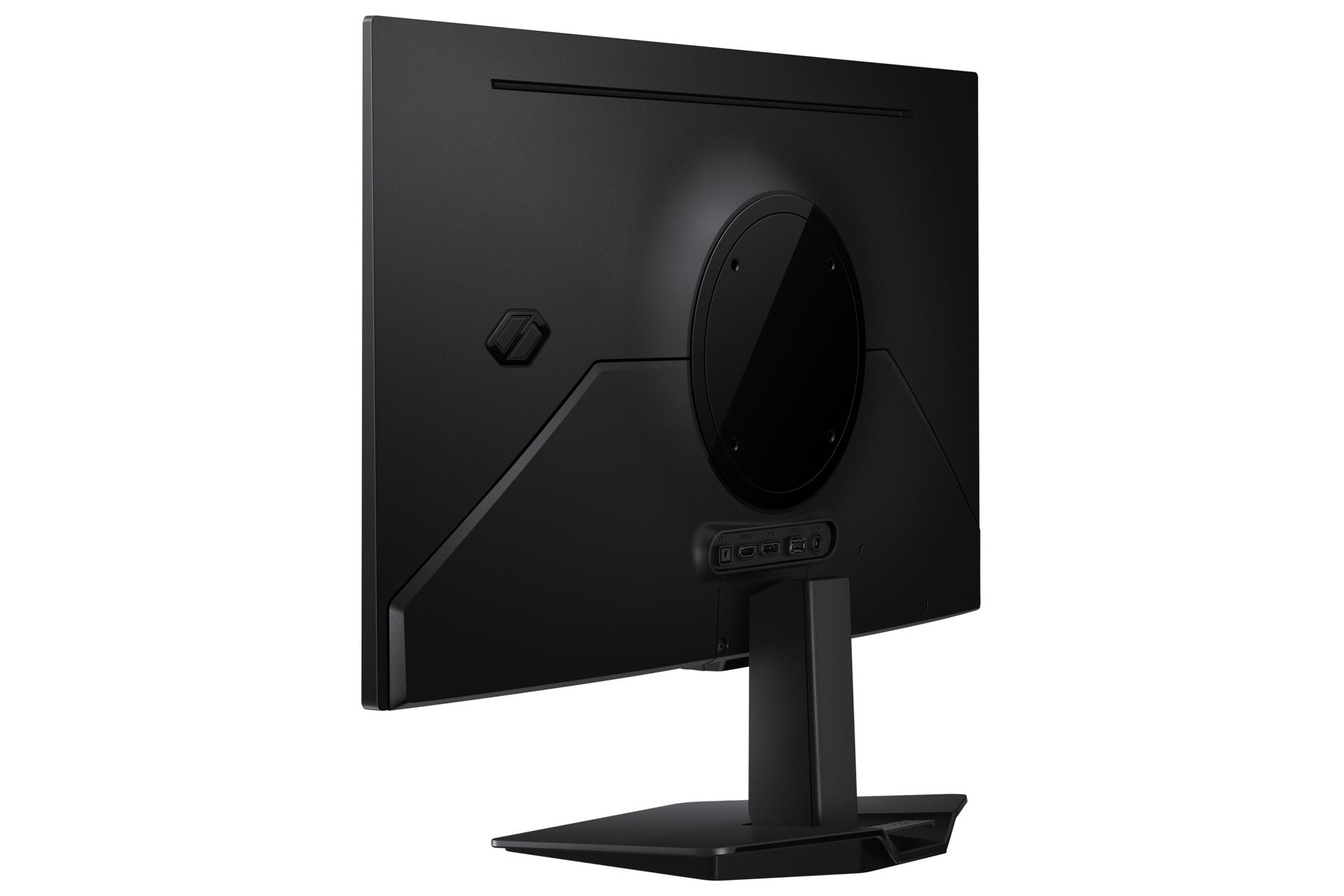 Auf der Rückseite eines schwarzen Computermonitors sind ein Ständer, Anschlüsse und ein kreisförmiges Designelement zu sehen.