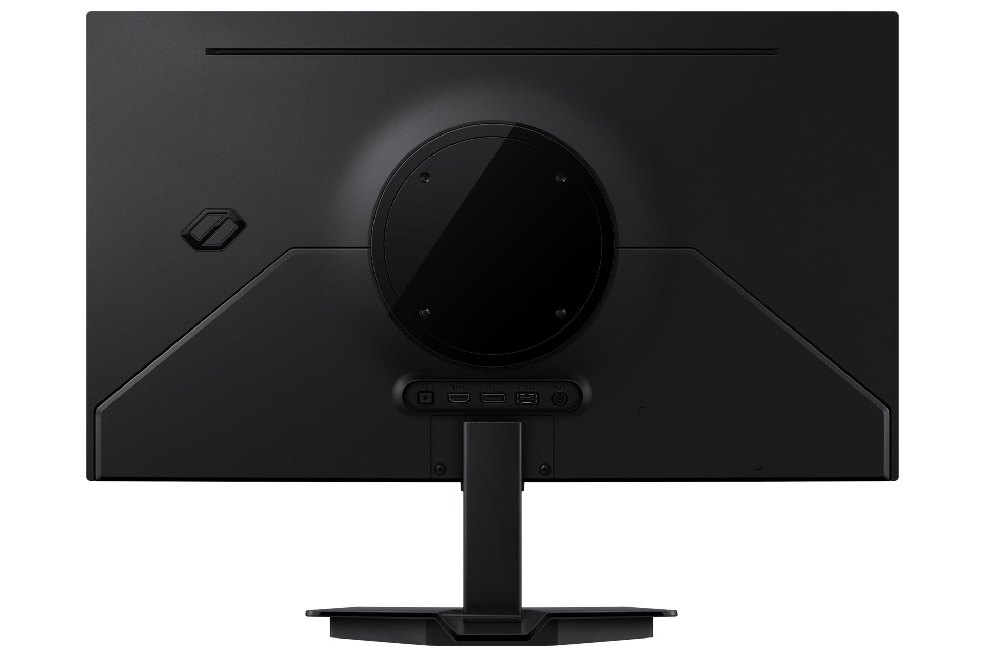 Die Rückseite eines schwarzen Monitors. Er hat ein kreisförmiges Mitteldesign und verschiedene Anschlüsse. Unten ist ein Ständer angebracht.