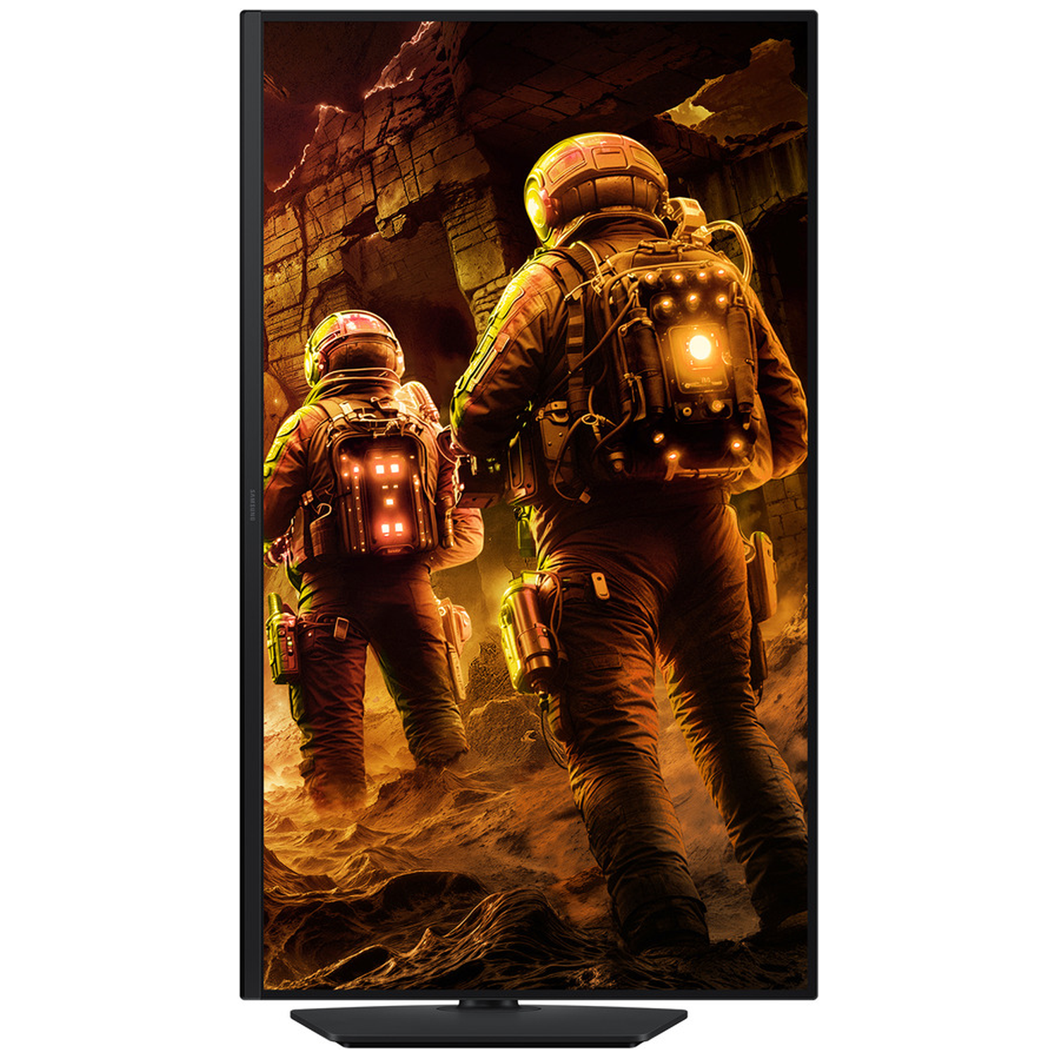 Two astronauts in gear walk through a rocky, dimly lit cavern. They wear helmets and backpacks with glowing lights.