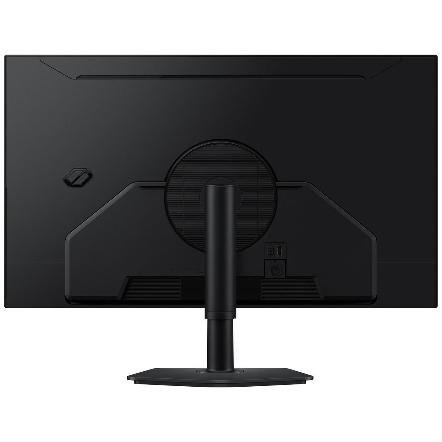 The back of a black computer monitor is shown. It has a stand and various ports. The screen is black.