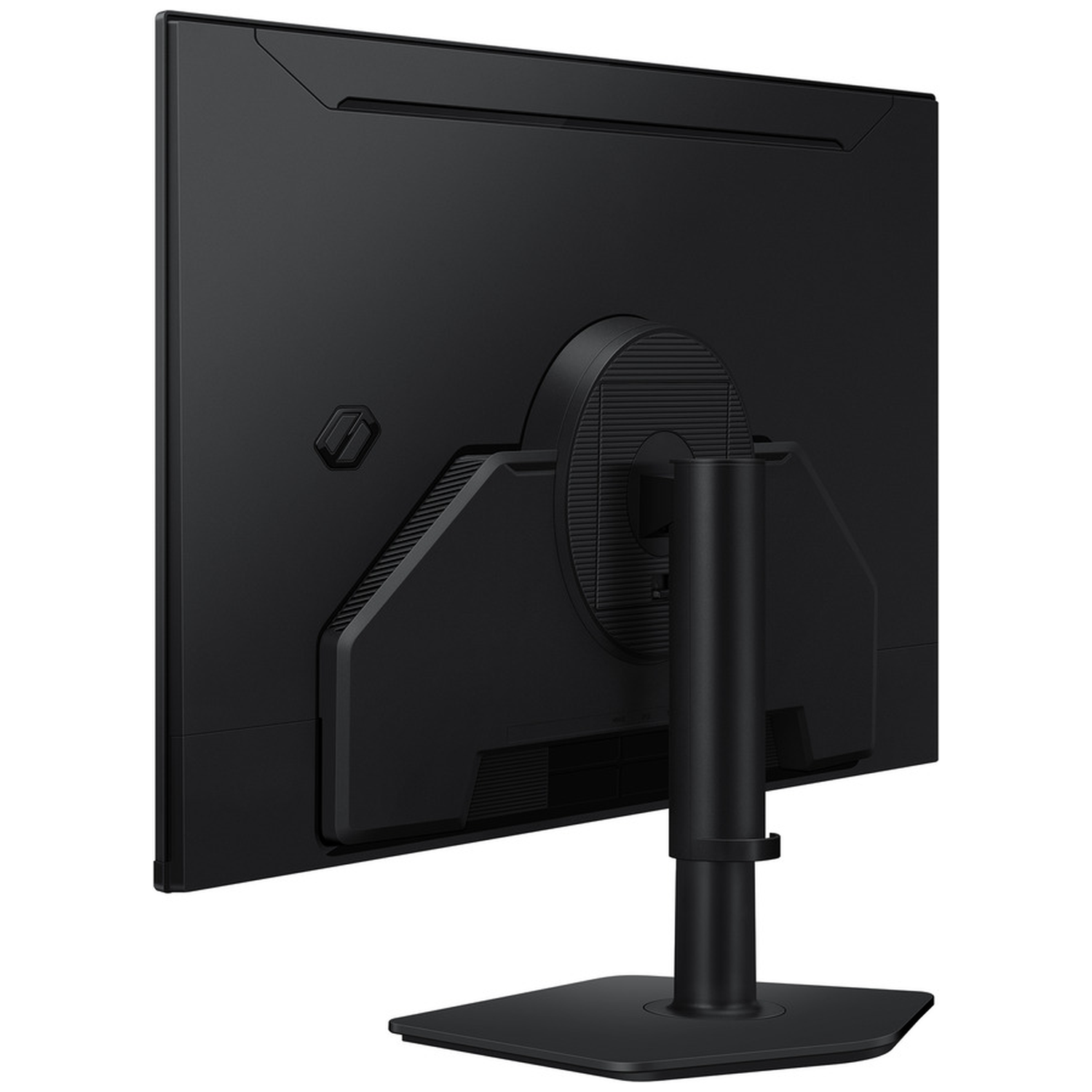 The back of a black computer monitor. It has a stand and a base. The screen is large and rectangular.
