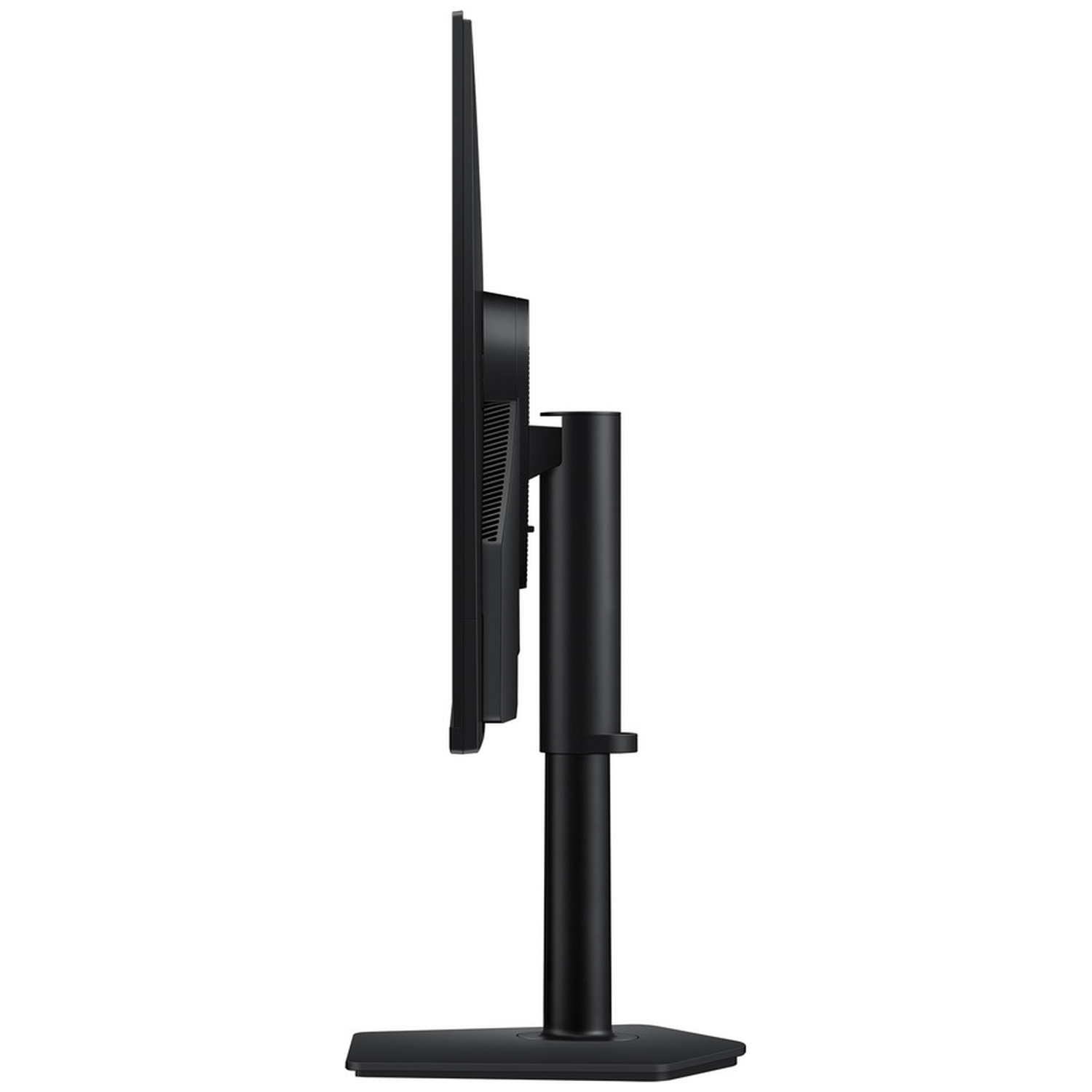 Side view of a black computer monitor. It is mounted on a black stand. The background is white.