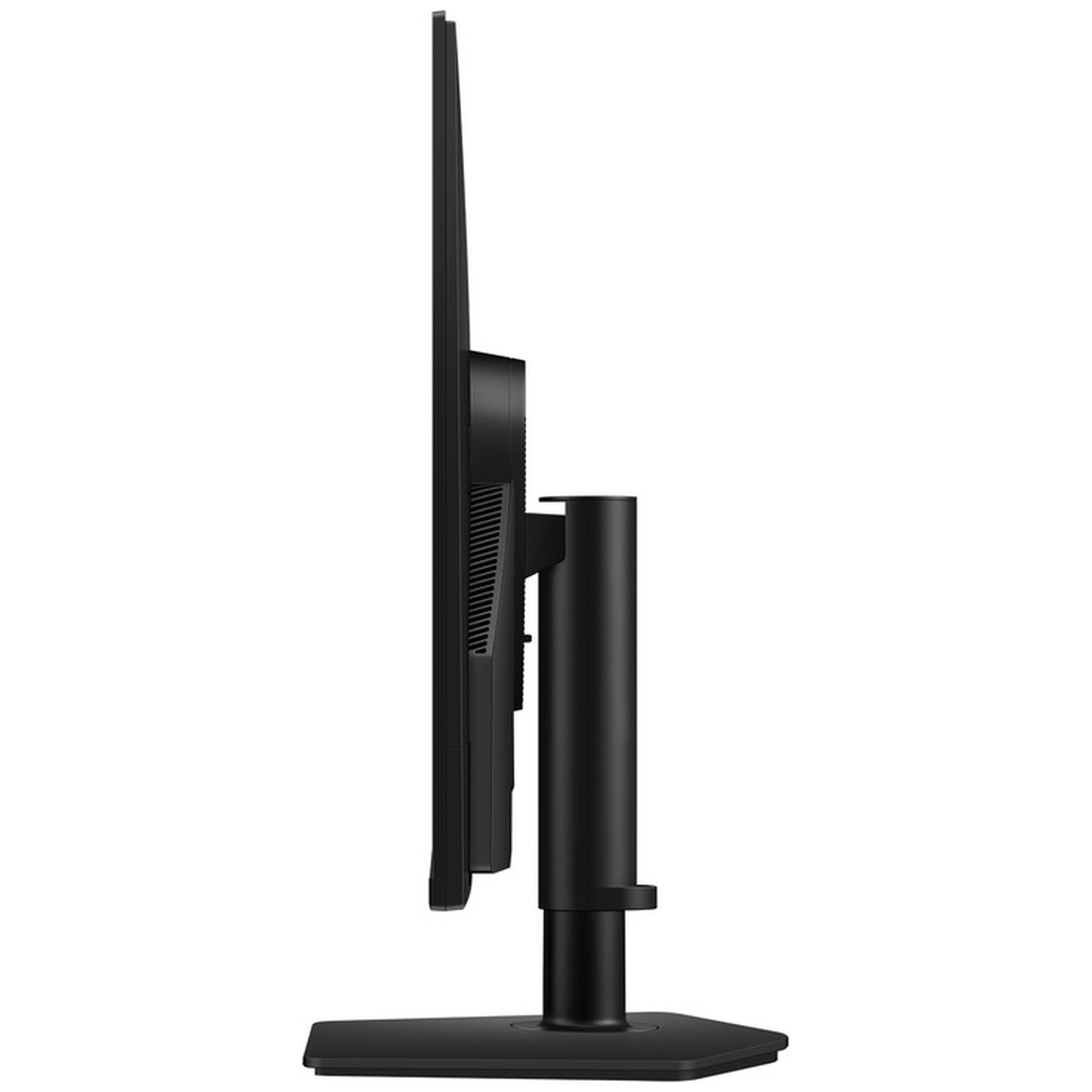 Side view of a black computer monitor. It has a thin bezel, a stand, and a base, all black against a white background.