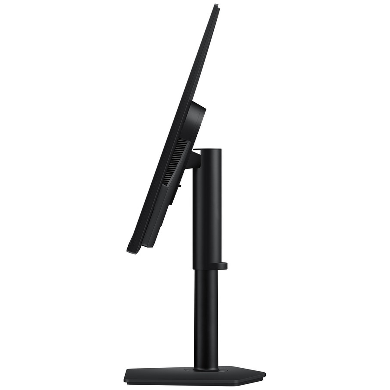 A black computer monitor, tilted, is mounted on a black stand. The stand has a base and a vertical support.