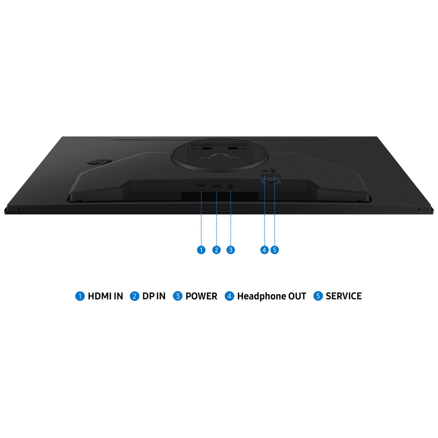The back of a black monitor with ports labeled: HDMI, DP, Power, Headphone Out, and Service.