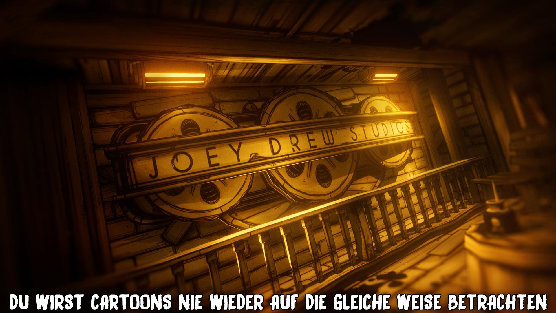 Innen steht ein Schild mit der Aufschrift 'Joey Drew Studios' über Filmrollen. Eine Treppe führt nach unten. Die Szene ist in Sepia gehalten.