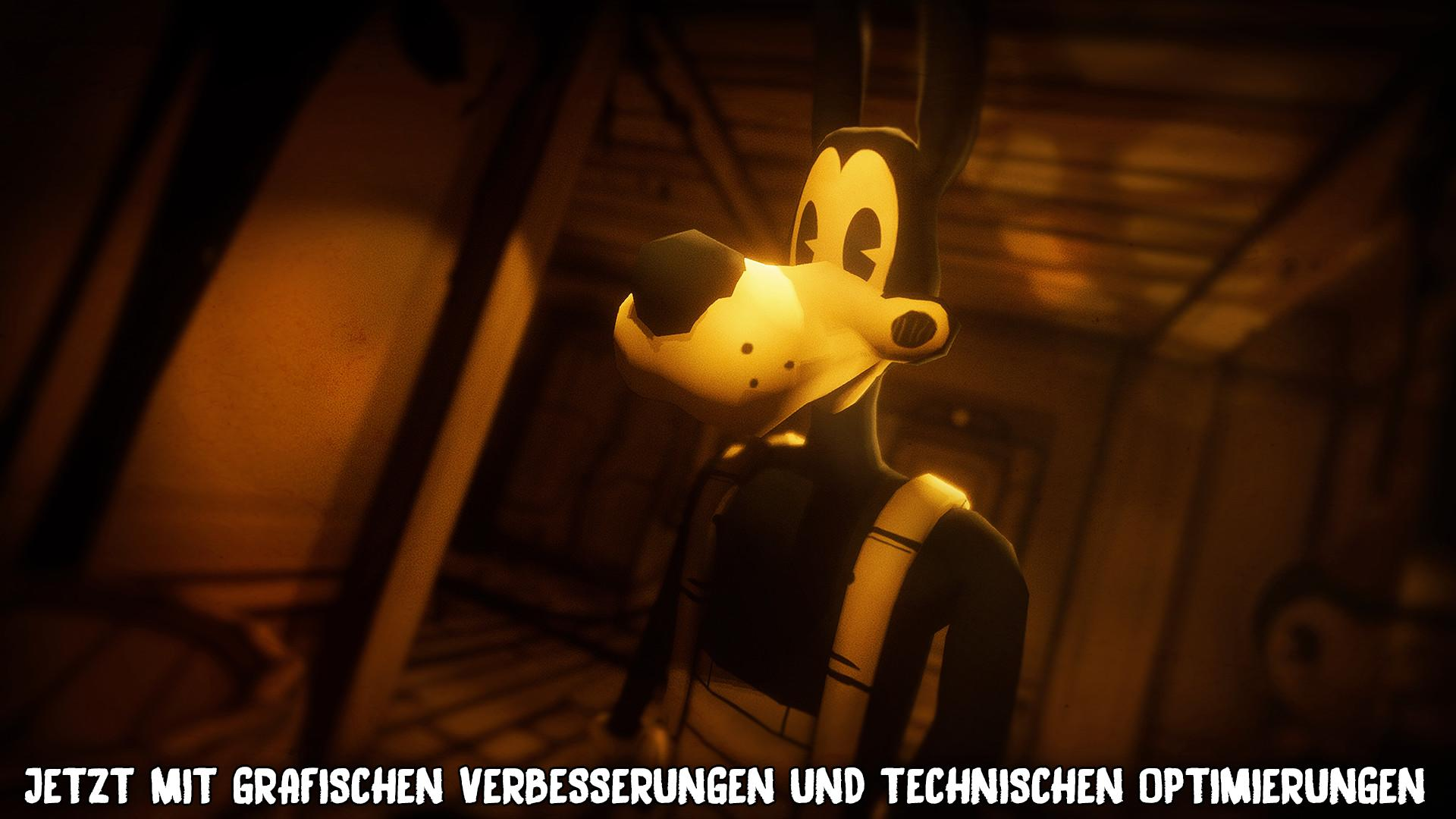 Ein Cartoon-Hund mit schwarz-weißem Fell steht in einem schwach beleuchteten, sepiafarbenen Raum. Text unten: 'Jetzt mit grafischen Verbesserungen...'